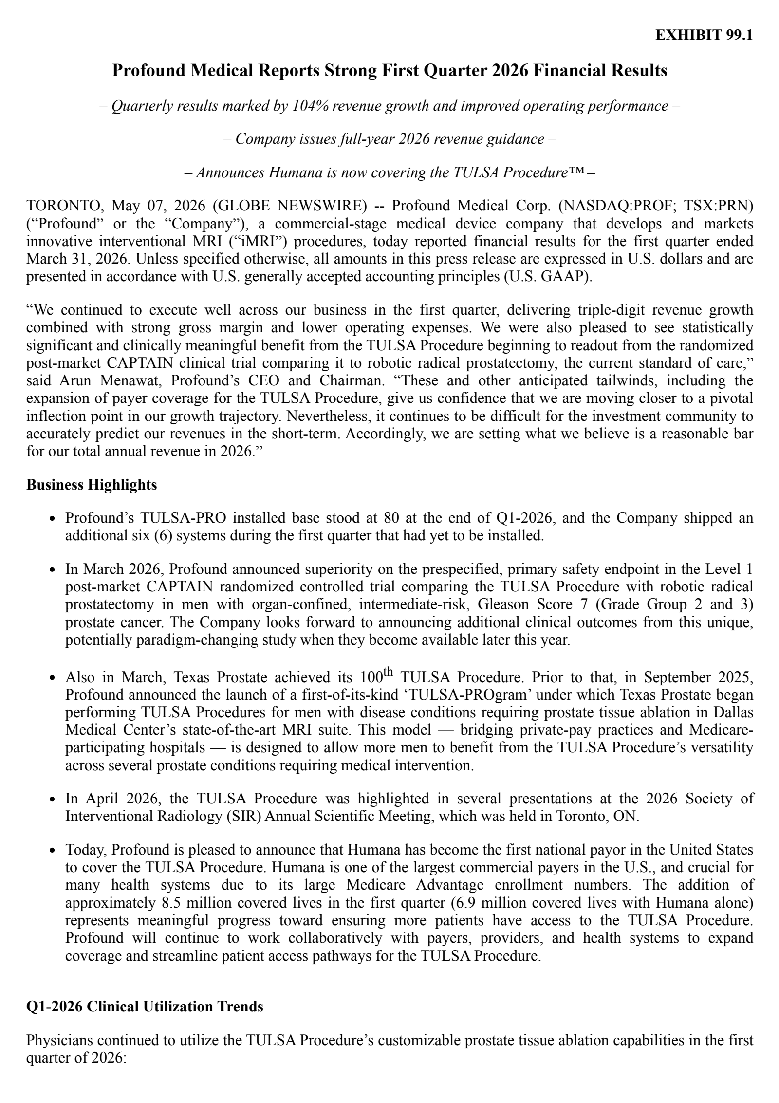 Profound Medical's Q1 2026 Press Release