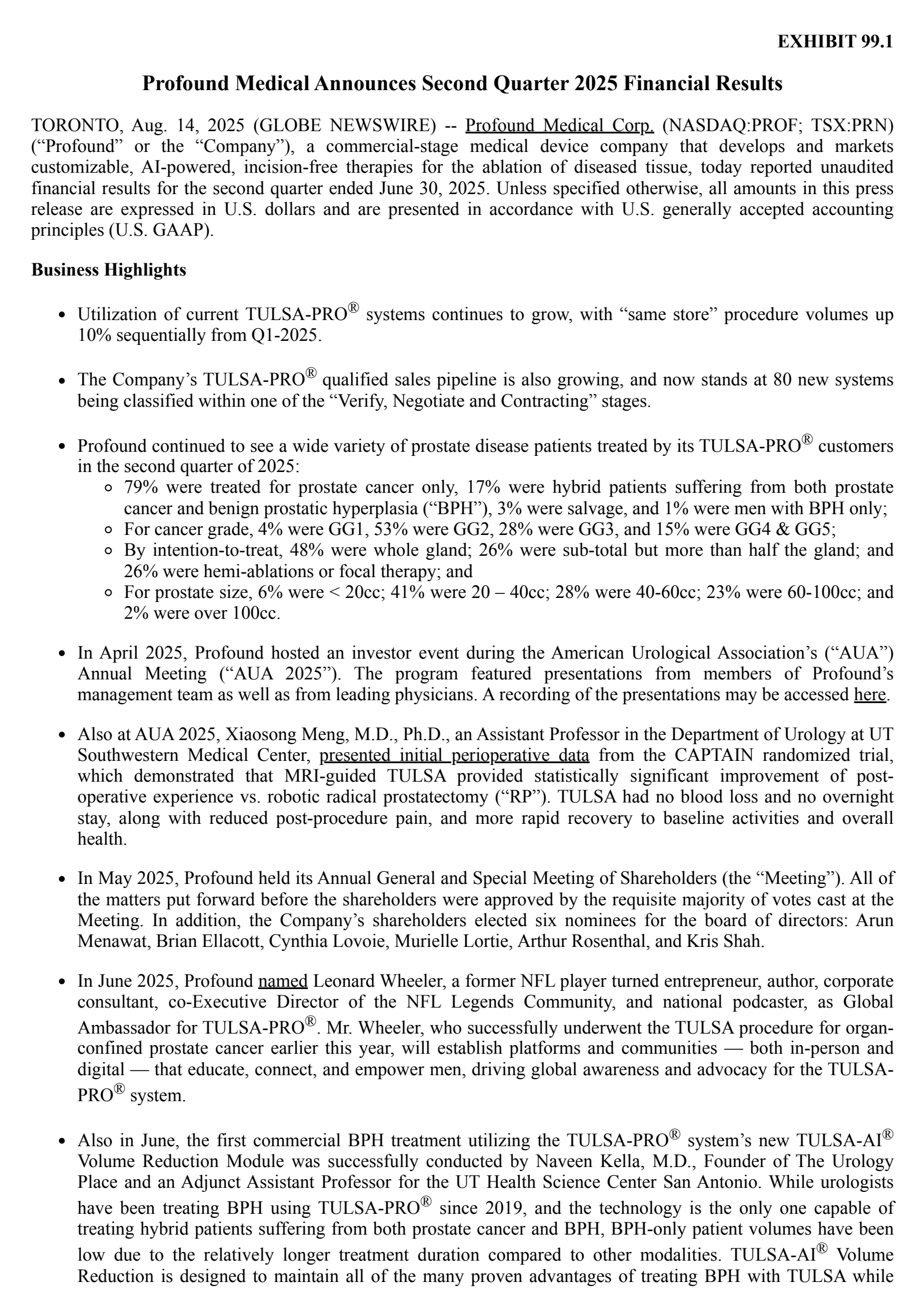 Profound Medical's Q2 2025 Press Release