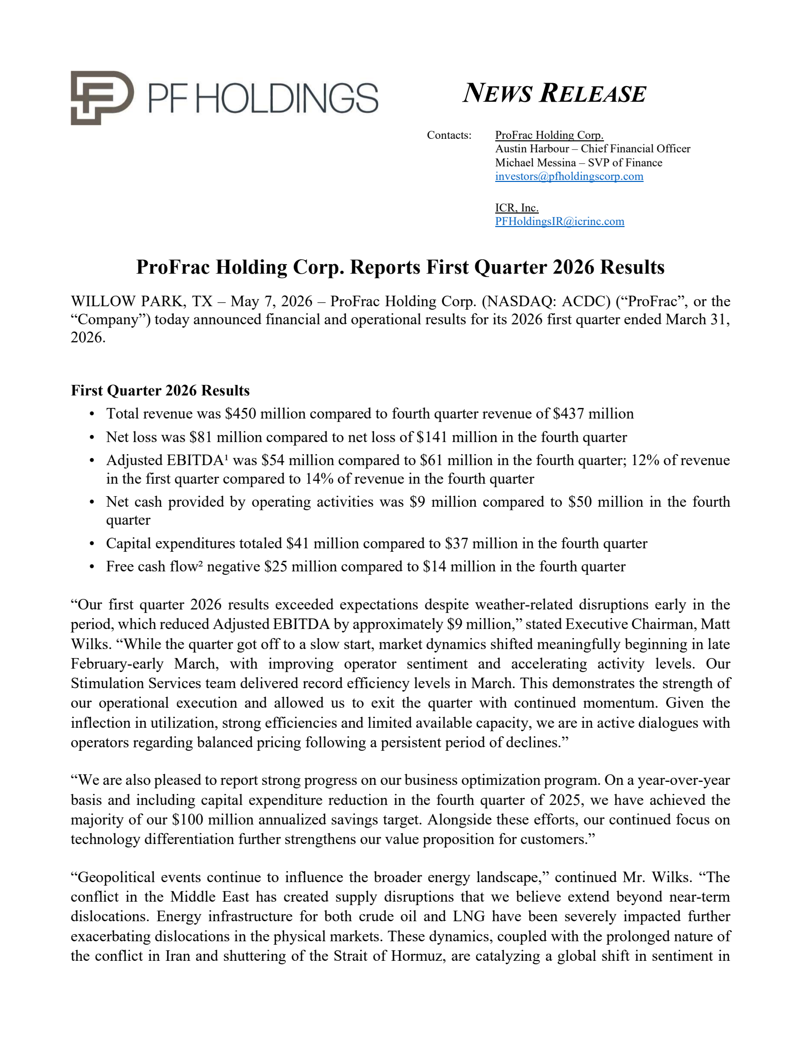 ProFrac's Q1 2026 Press Release