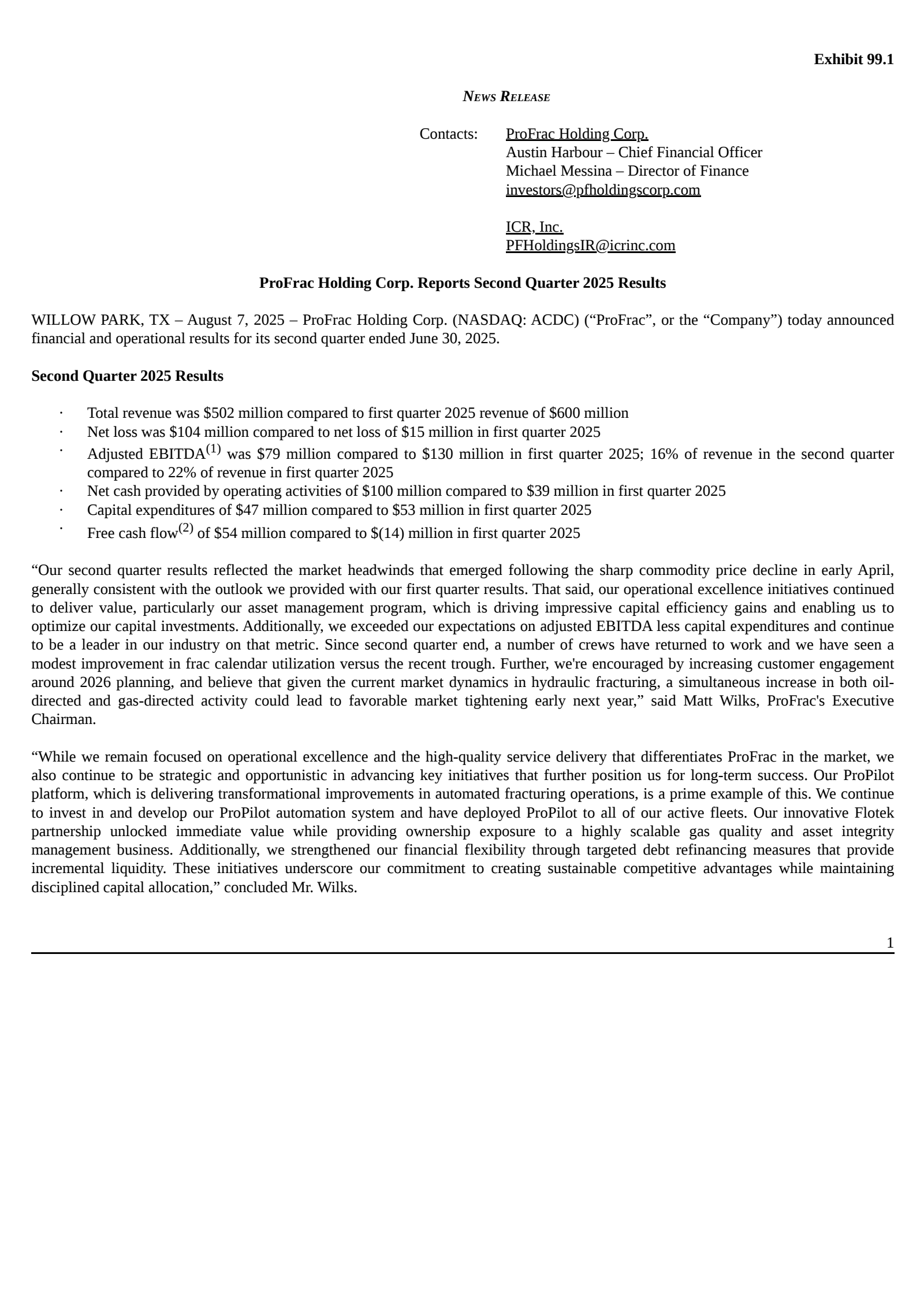 ProFrac's Q2 2025 Press Release