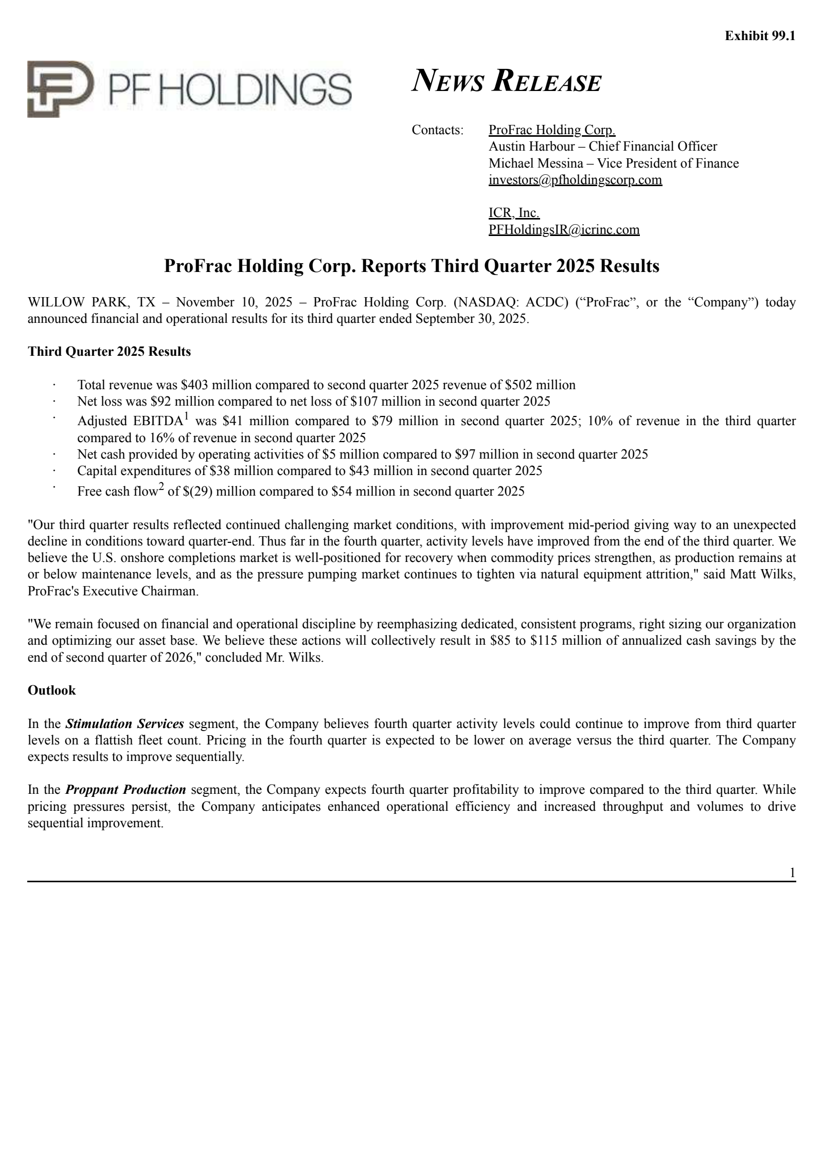 ProFrac's Q3 2025 Earnings Release