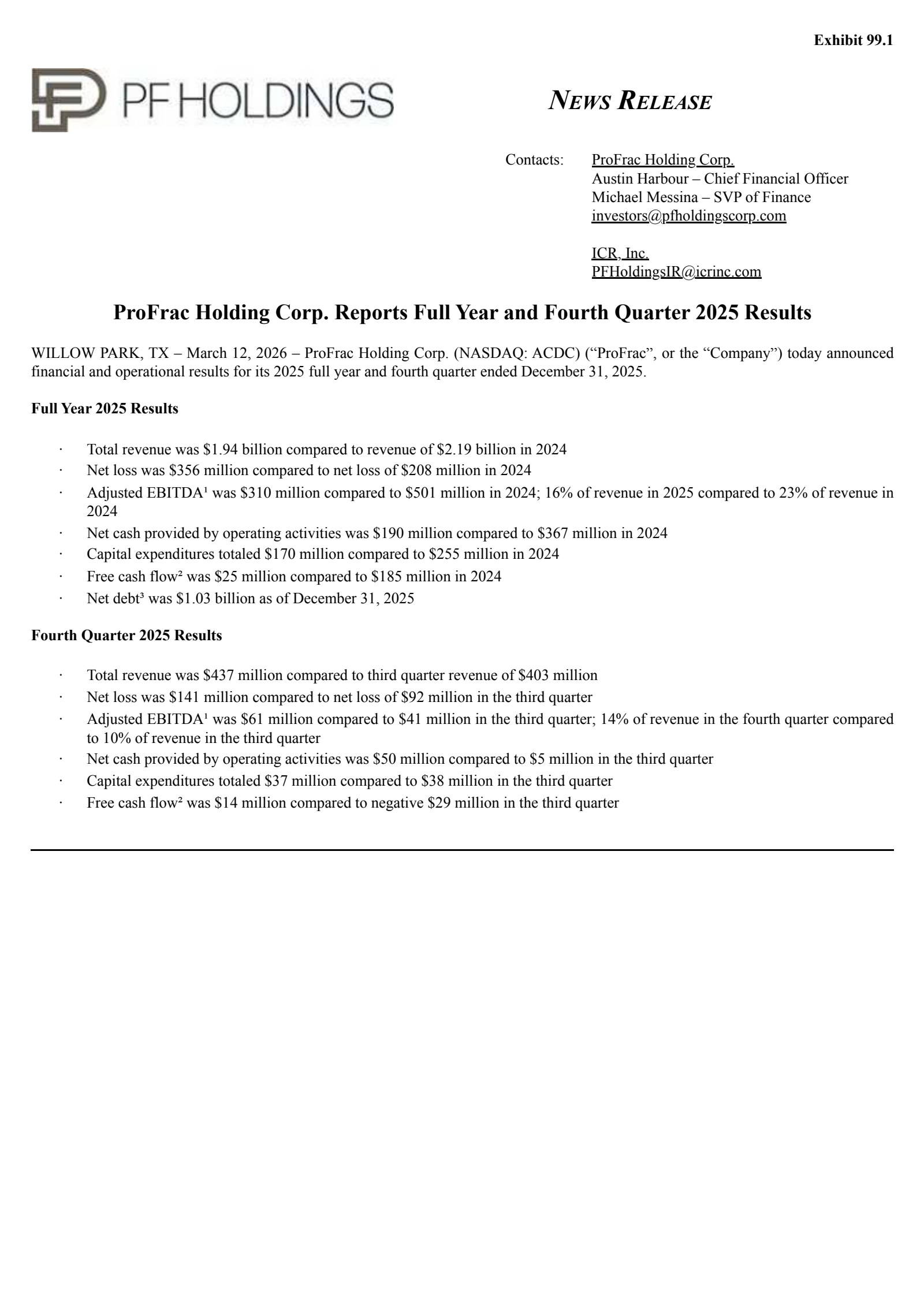 ProFrac's Q4 2025 Press Release