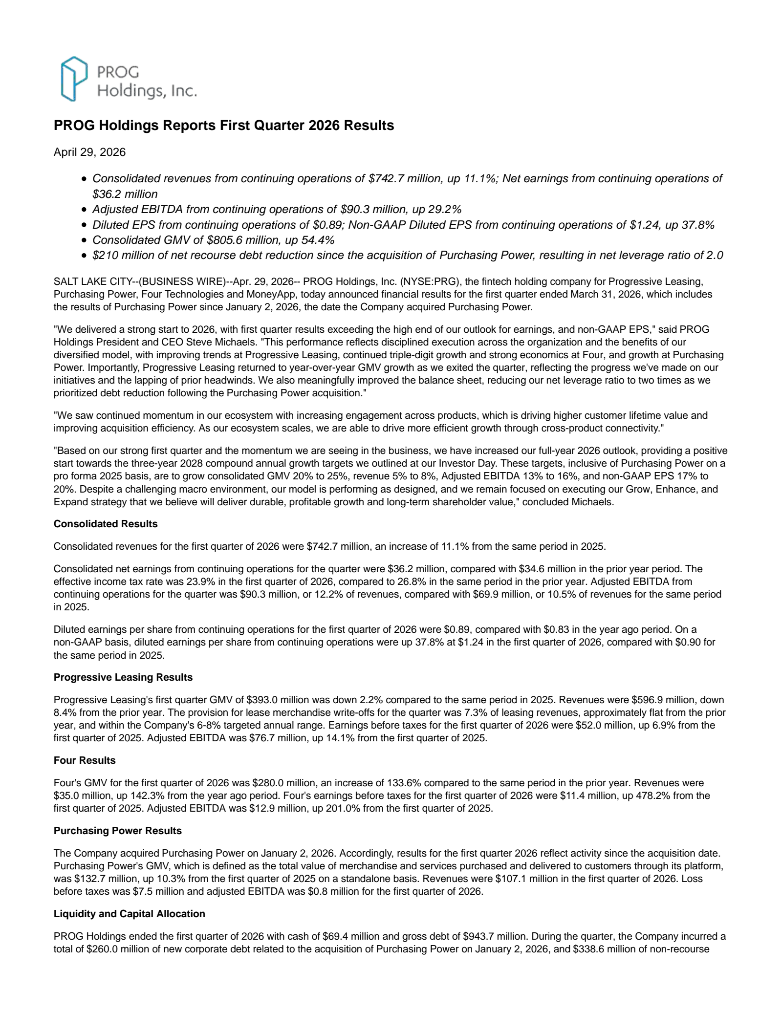 PROG's Q1 2026 Press Release