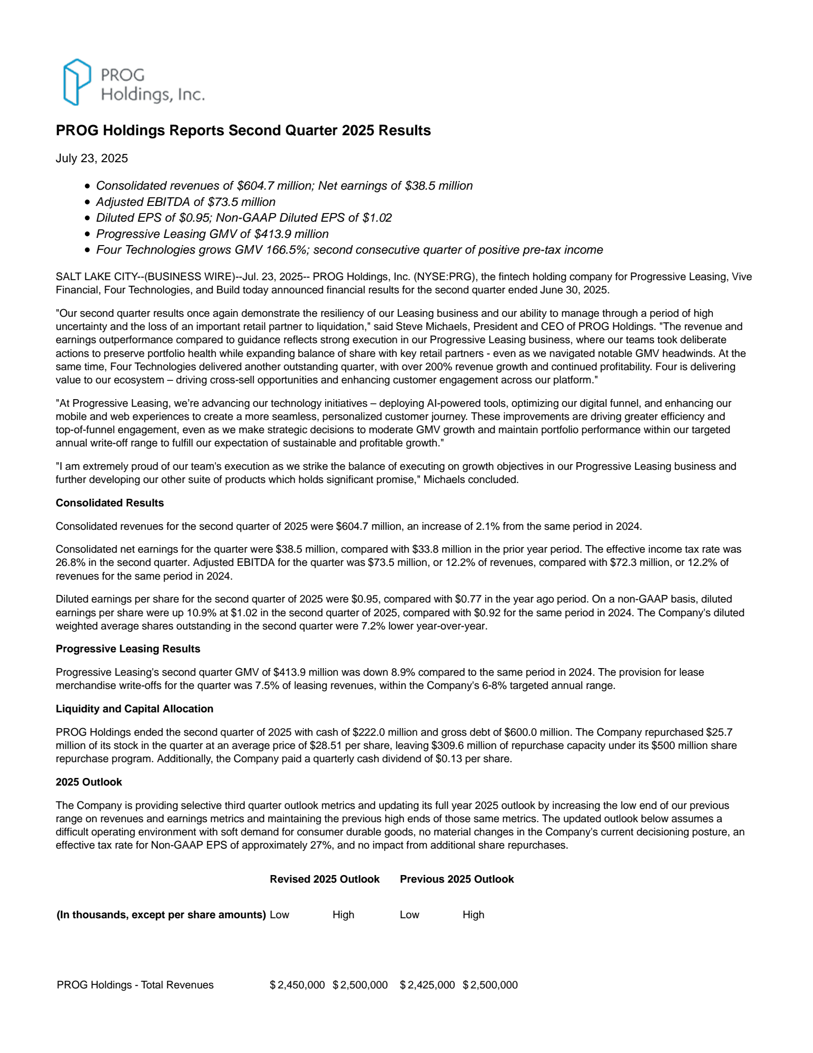 Aaron's' Q2 2025 Press Release
