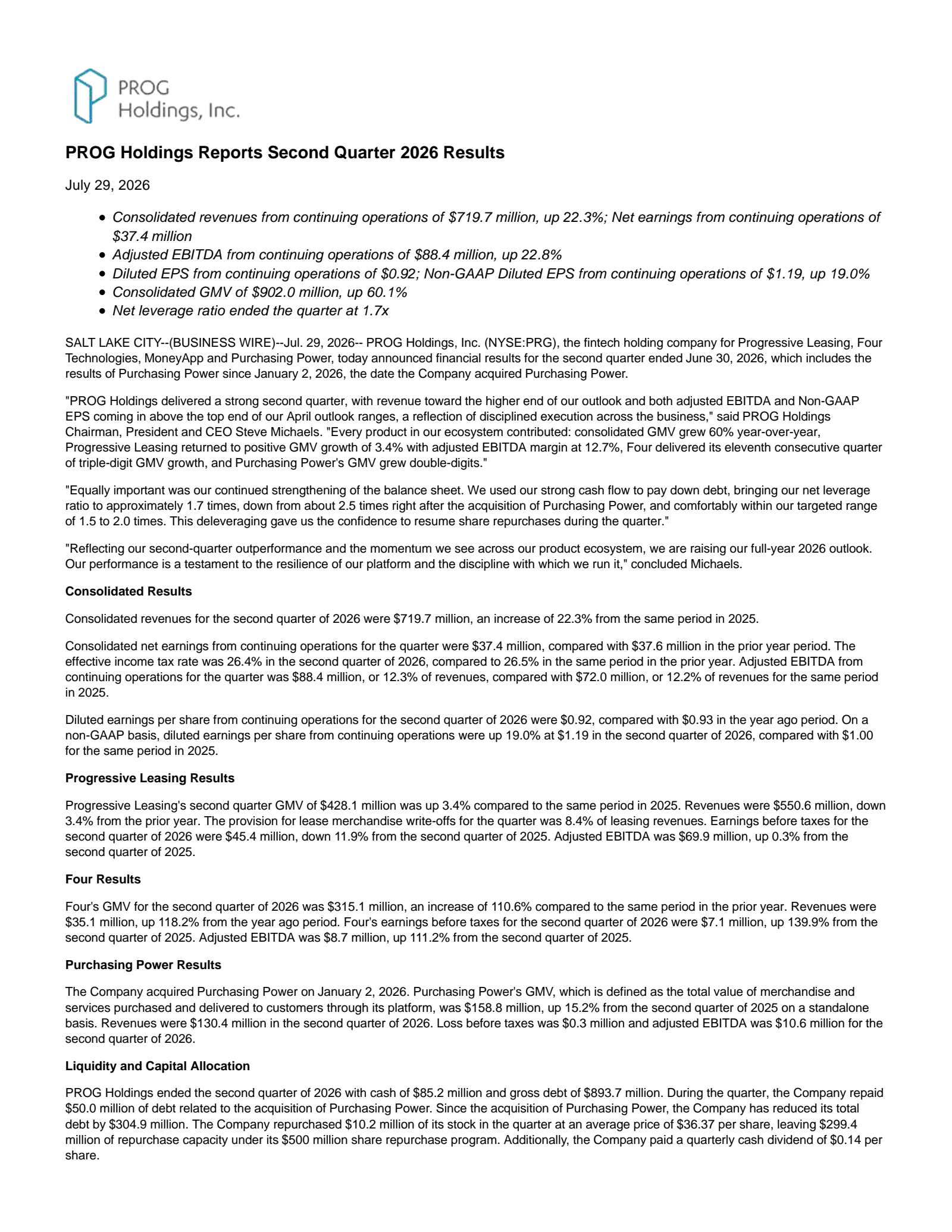 PROG's Q2 2026 Press Release