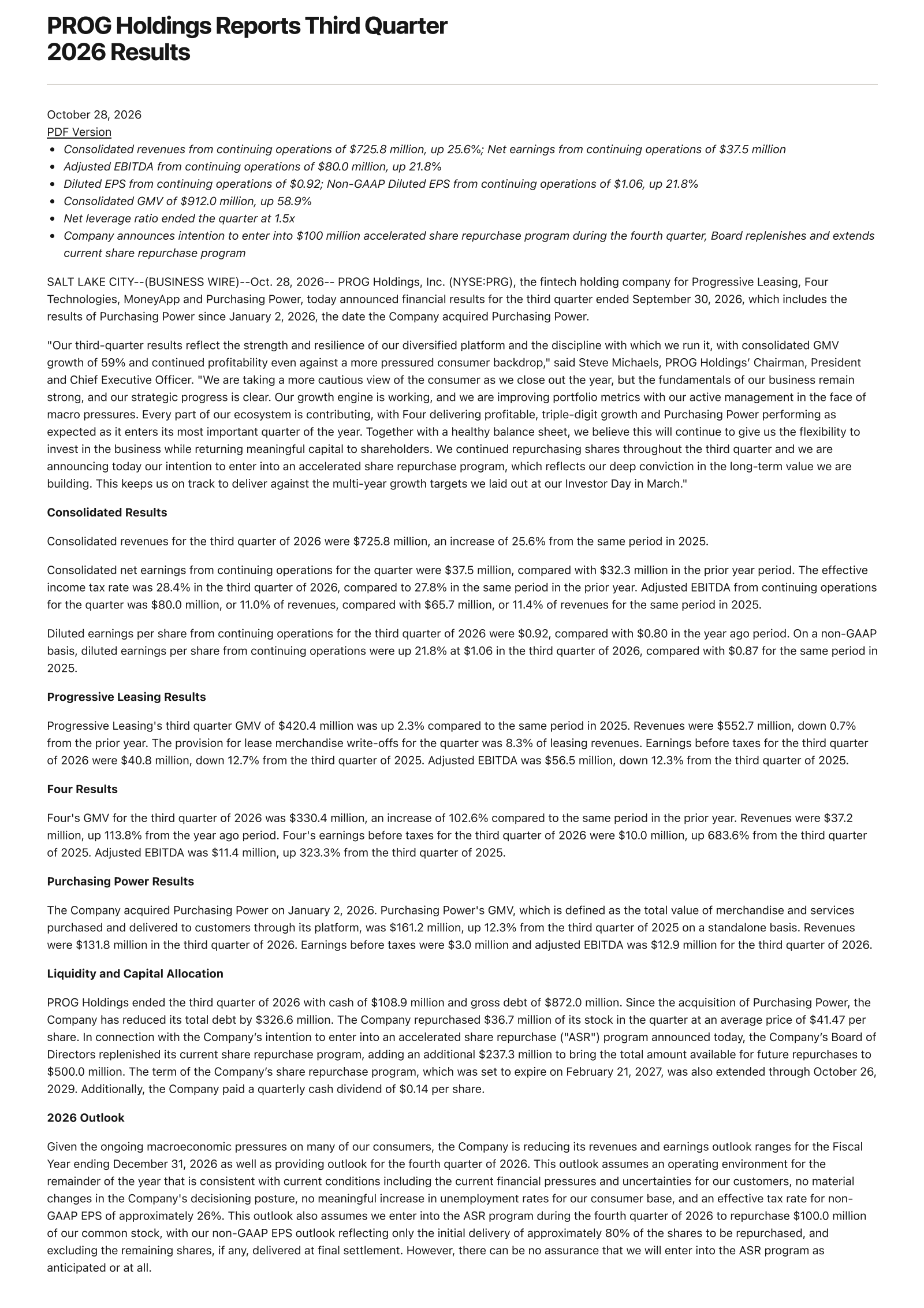 PROG (PRG) Q3 2026 Earnings Results & Call Transcript
