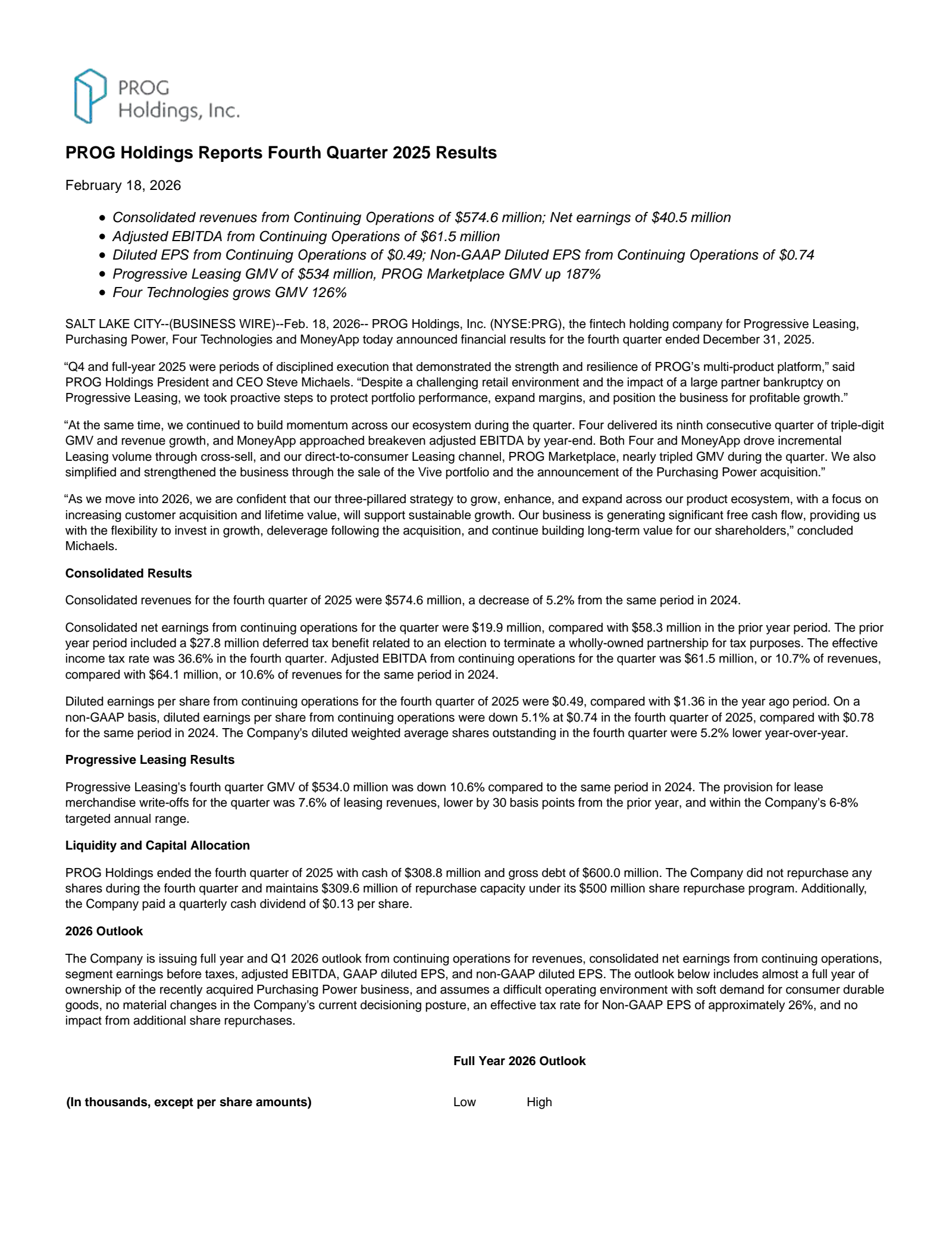 PROG's Q4 2025 Press Release