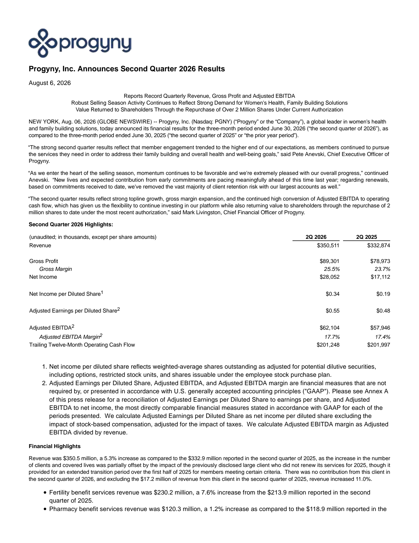 Progyny's Q2 2026 Press Release
