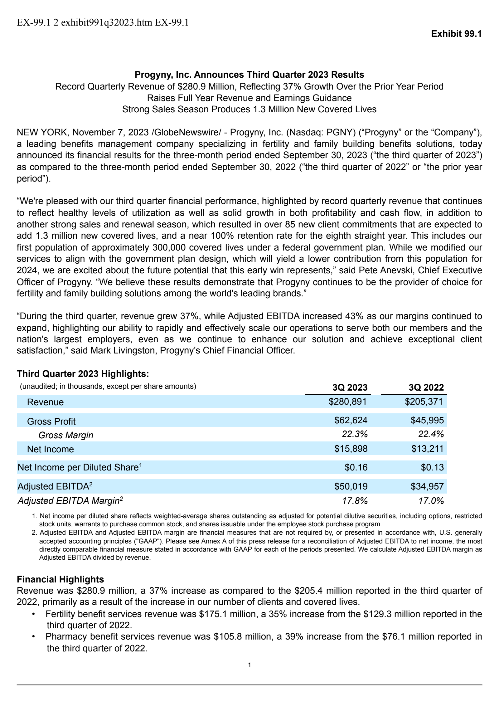 Progyny's Q3 2023 Press Release