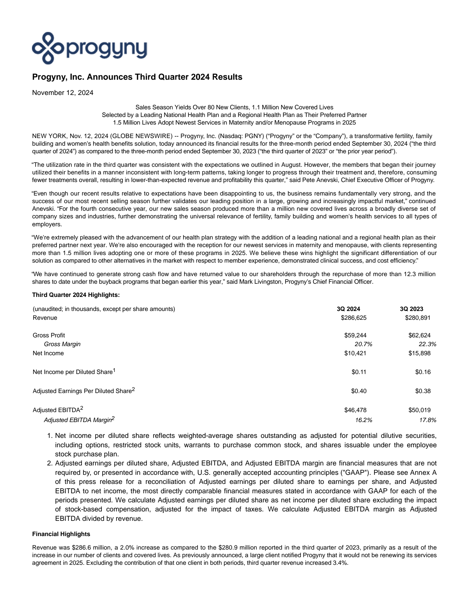 Progyny's Q3 2024 Press Release