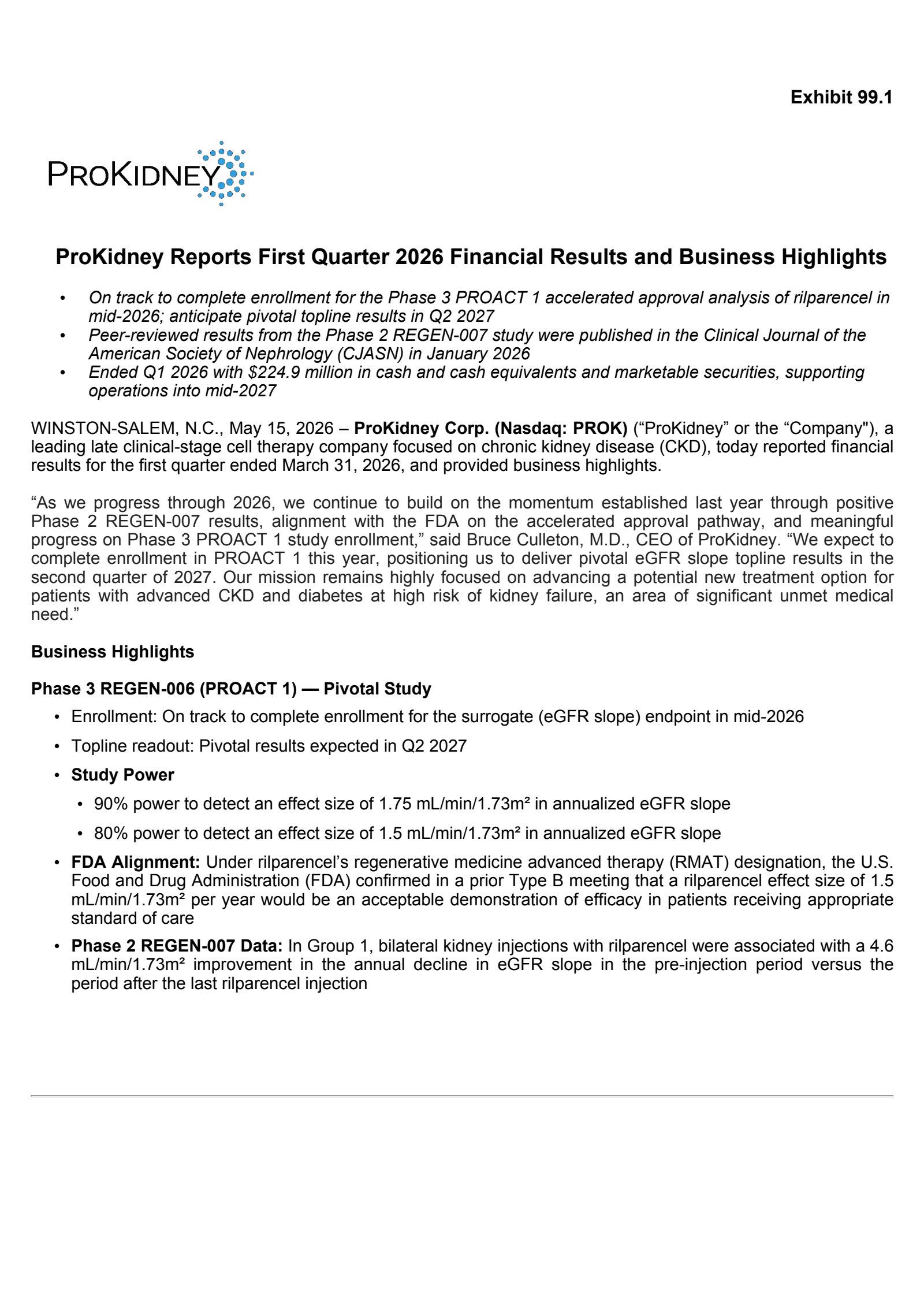 ProKidney's Q1 2026 Press Release