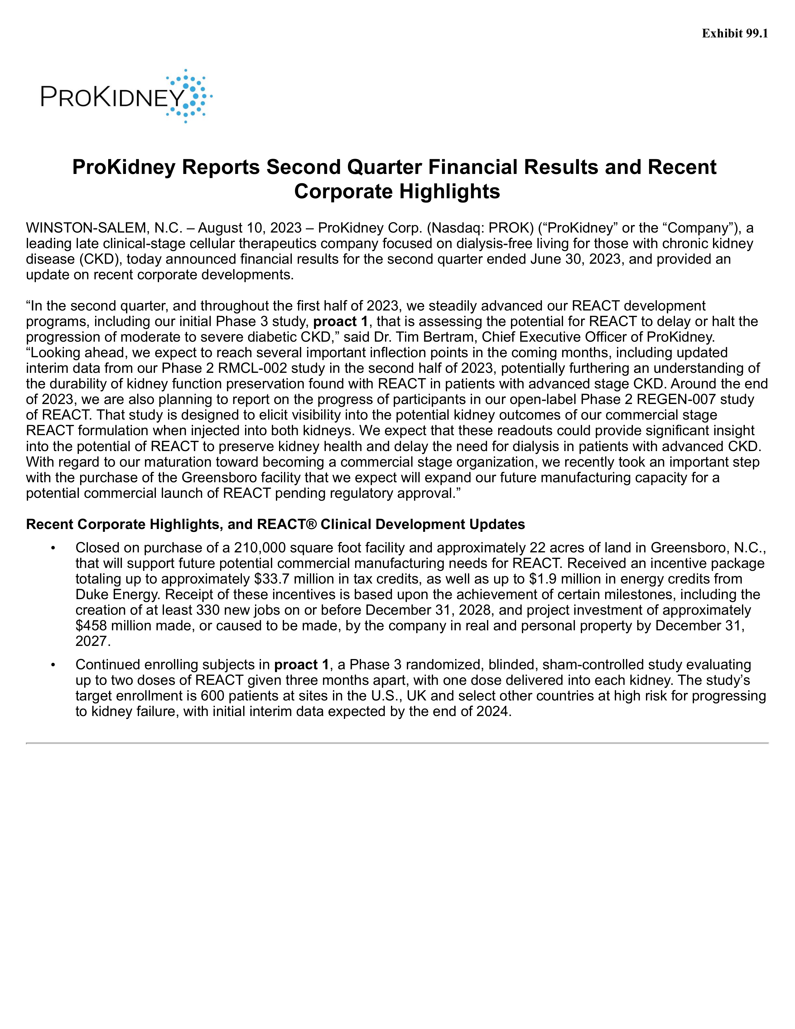 ProKidney's Q2 2023 Press Release