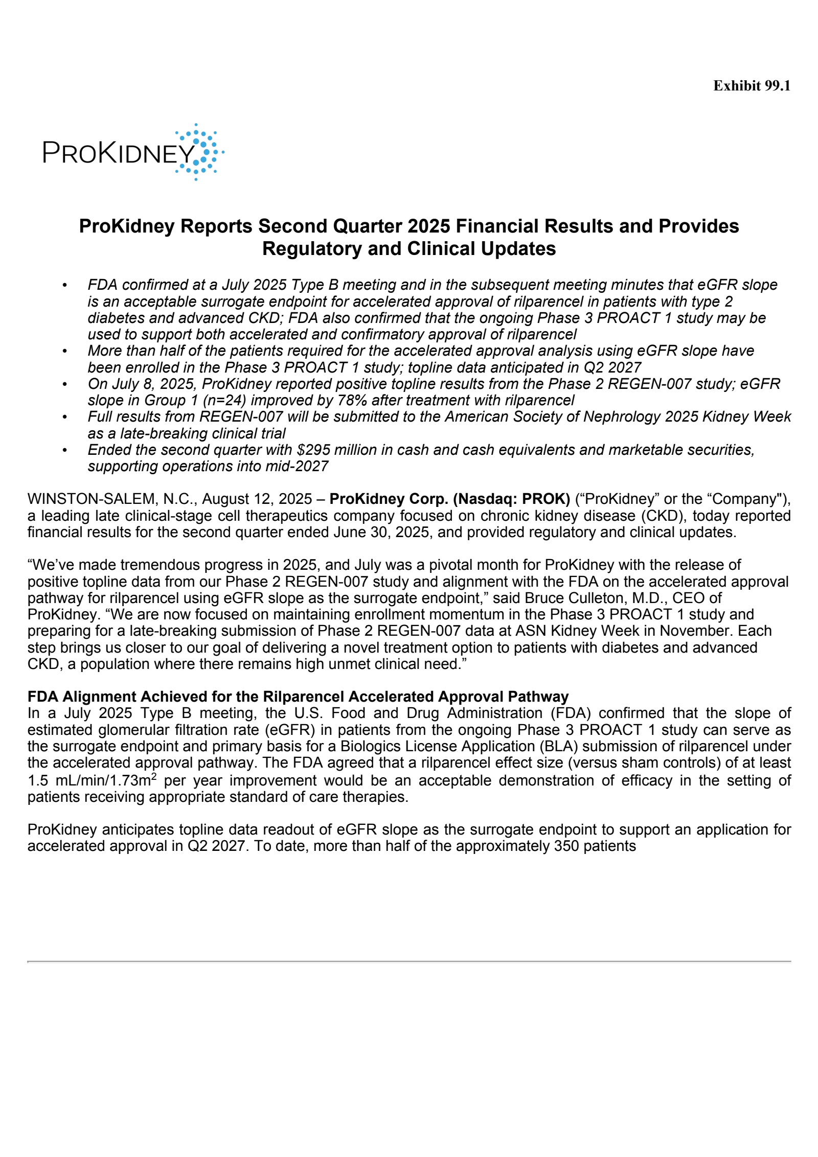 ProKidney's Q2 2025 Press Release