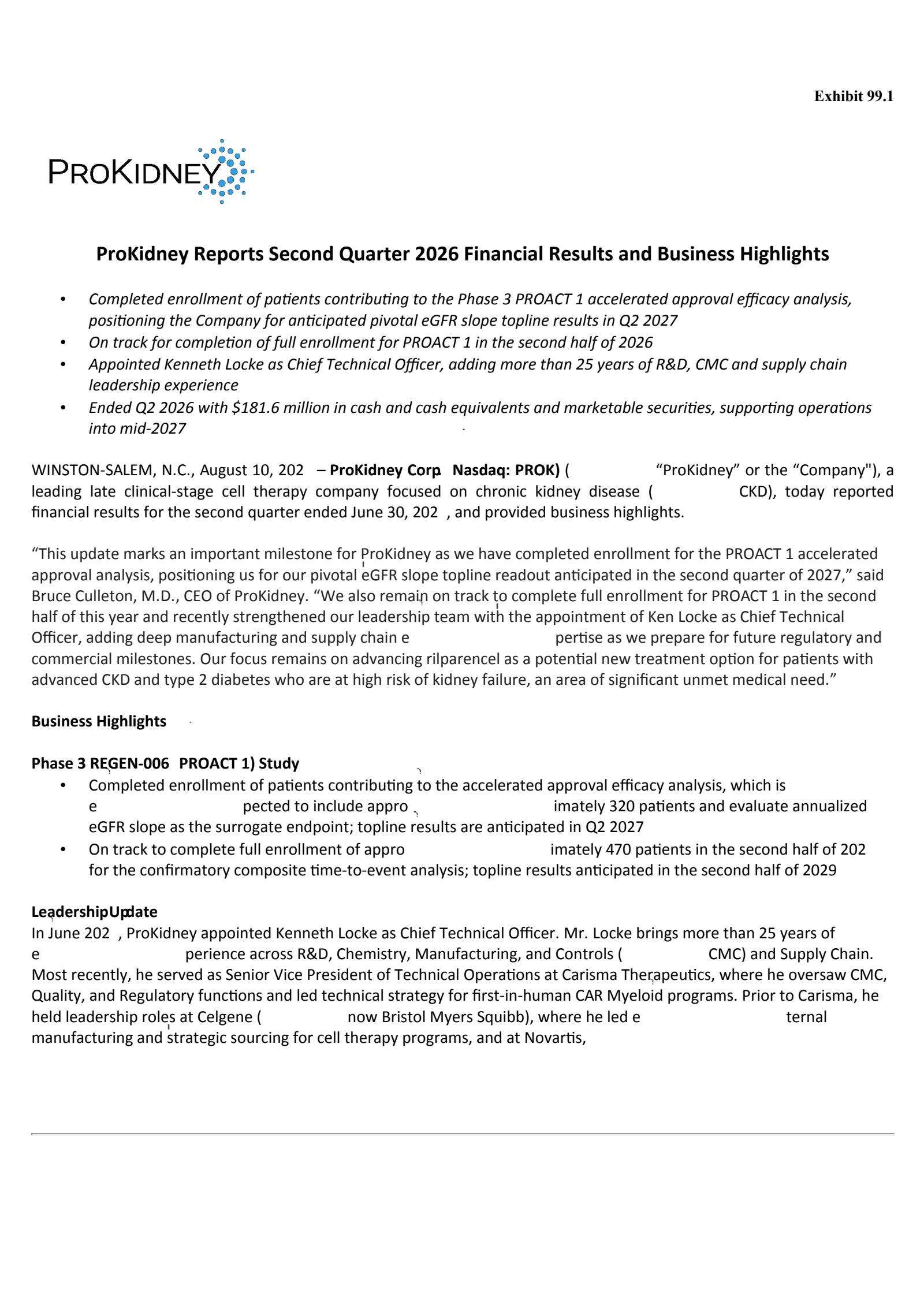 ProKidney's Q2 2026 Press Release