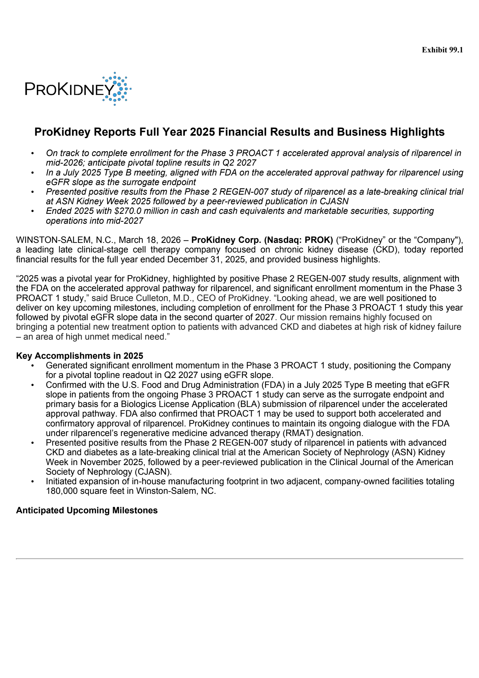 ProKidney's Q4 2025 Press Release