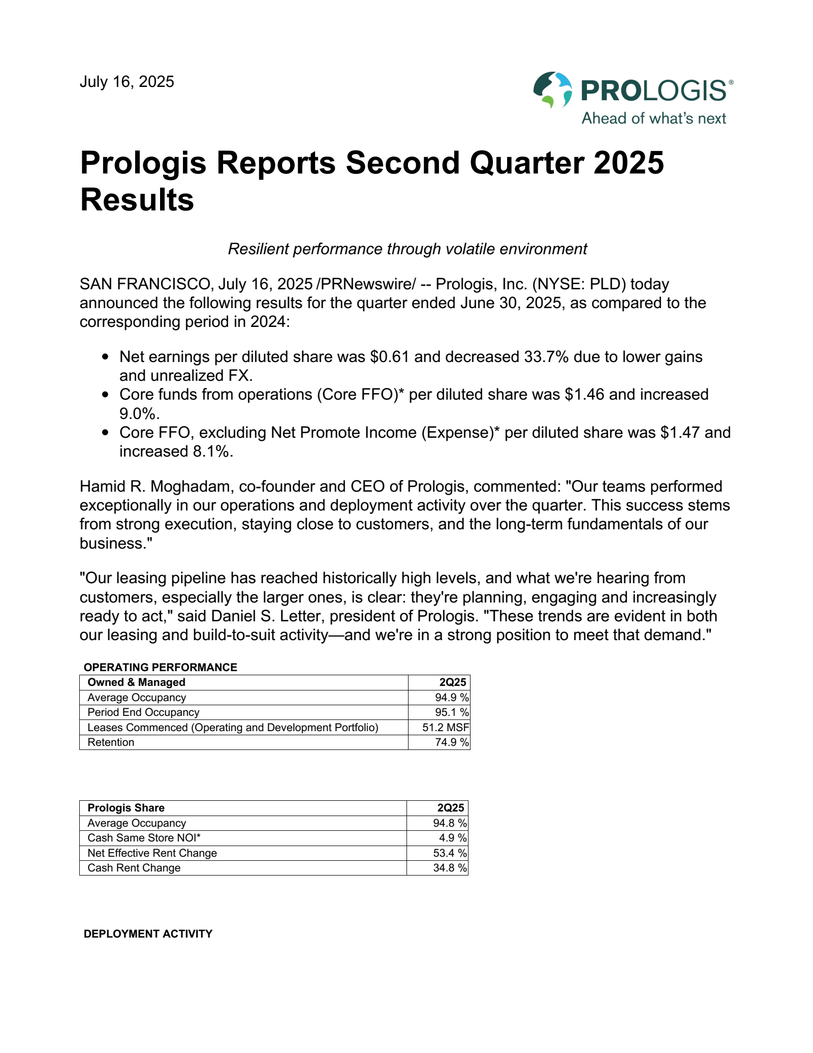 Prologis' Q2 2025 Press Release
