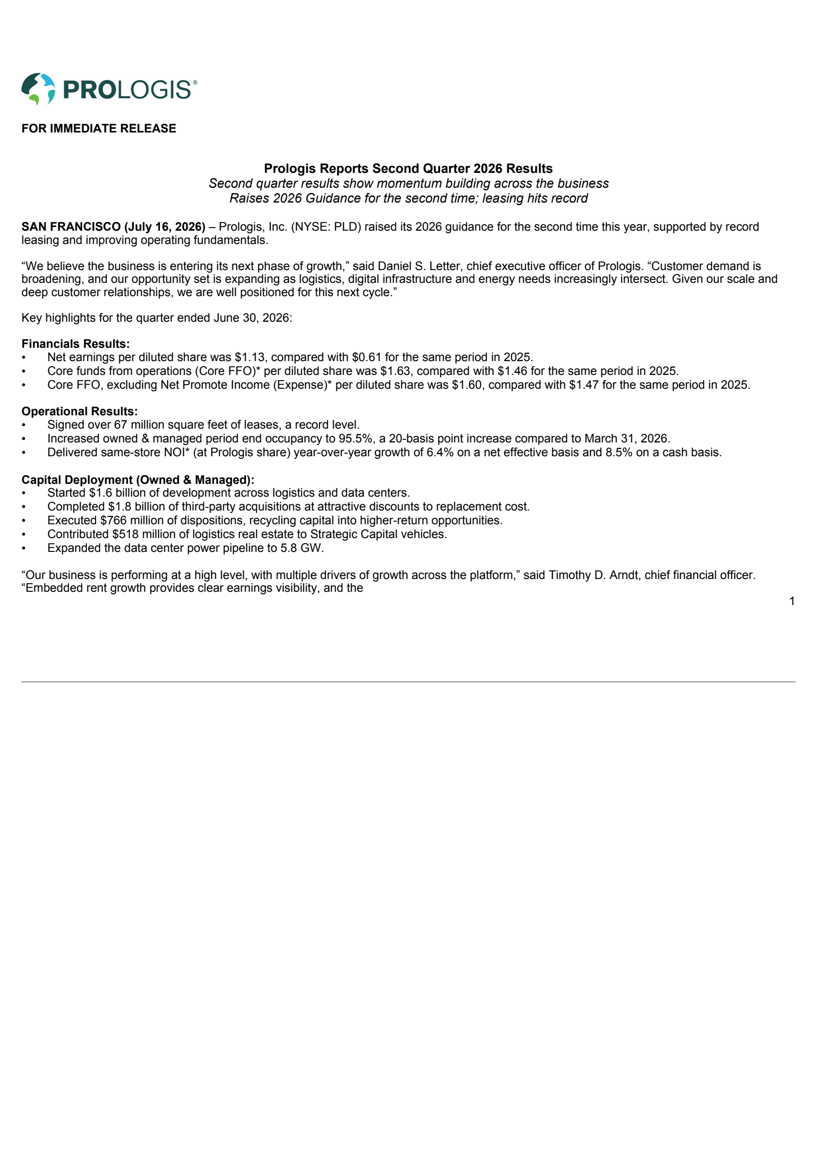 Prologis' Q2 2026 Press Release