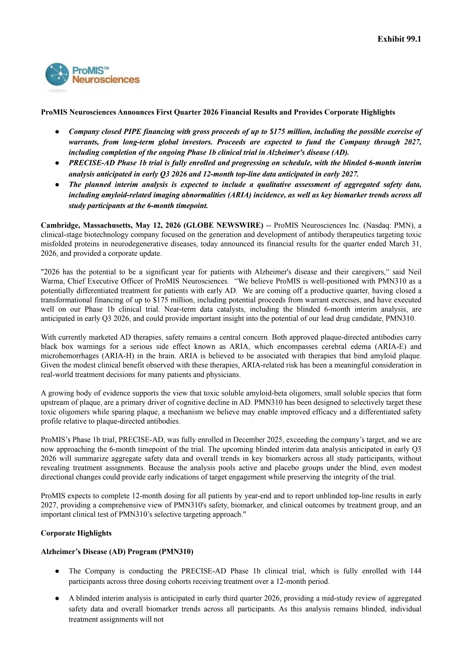 Promis Neurosciences' Q1 2026 Press Release