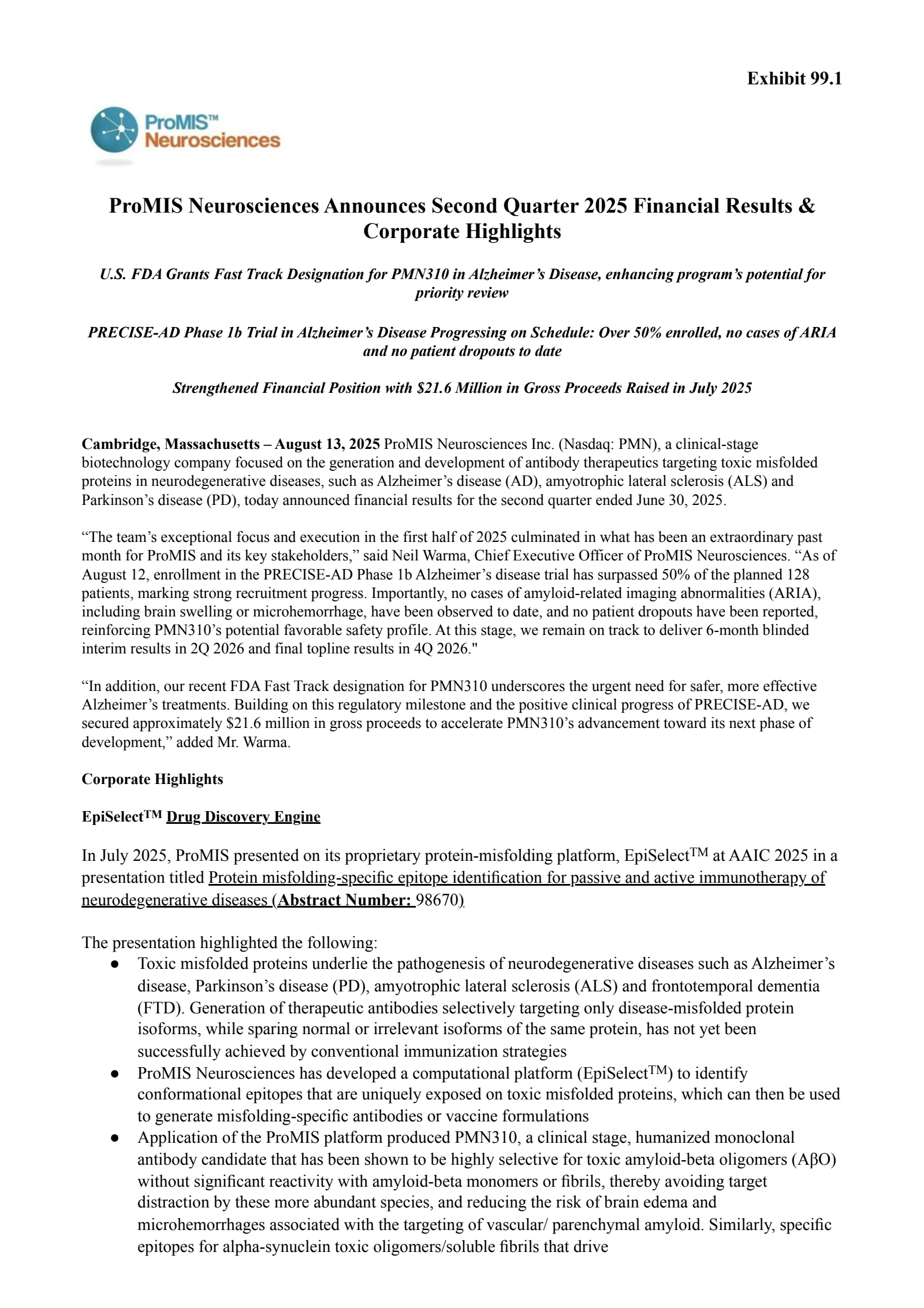 Promis Neurosciences' Q2 2025 Press Release