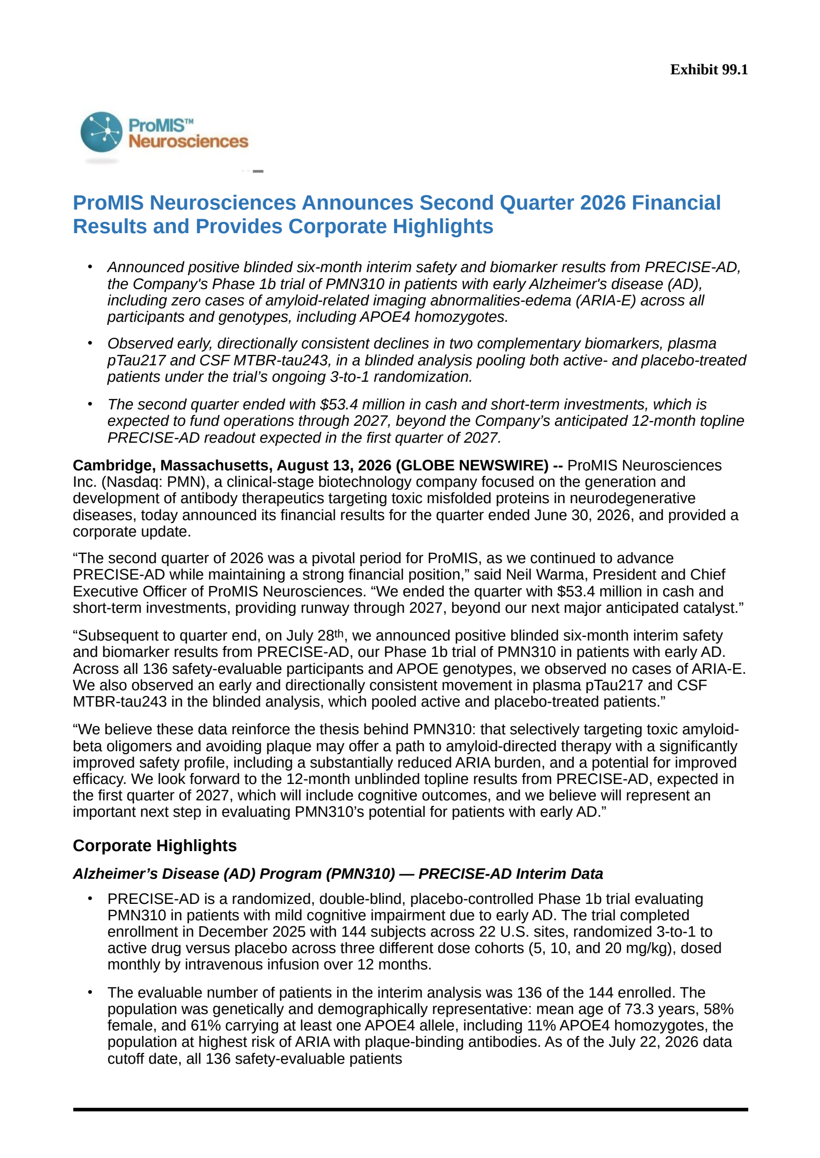 Promis Neurosciences' Q2 2026 Press Release
