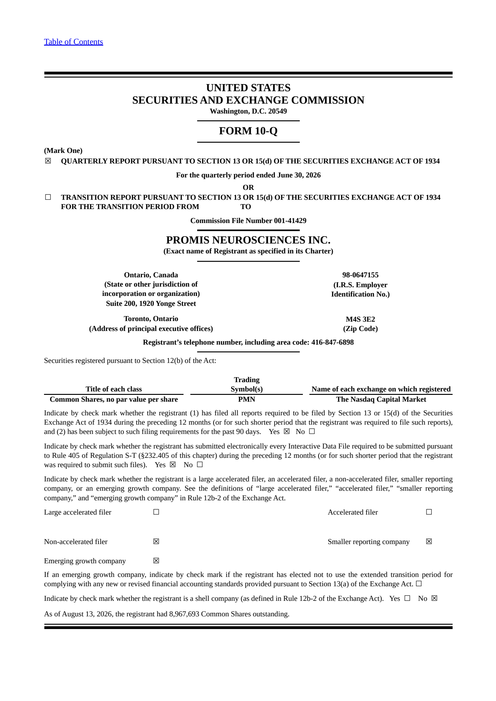 Promis Neurosciences' Q2 2026 Quarterly report