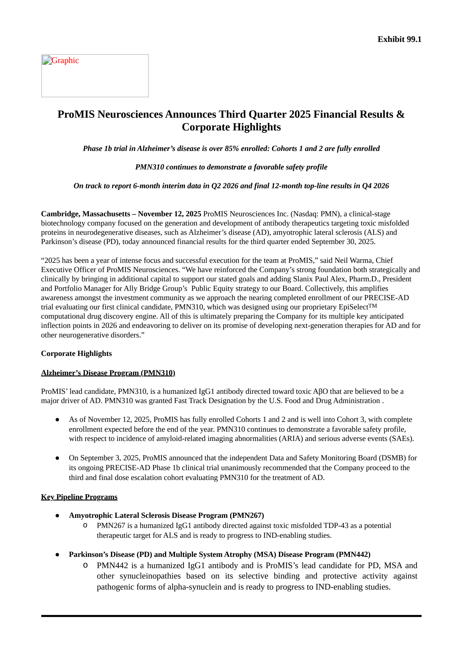 Promis Neurosciences' Q3 2025 Earnings Release