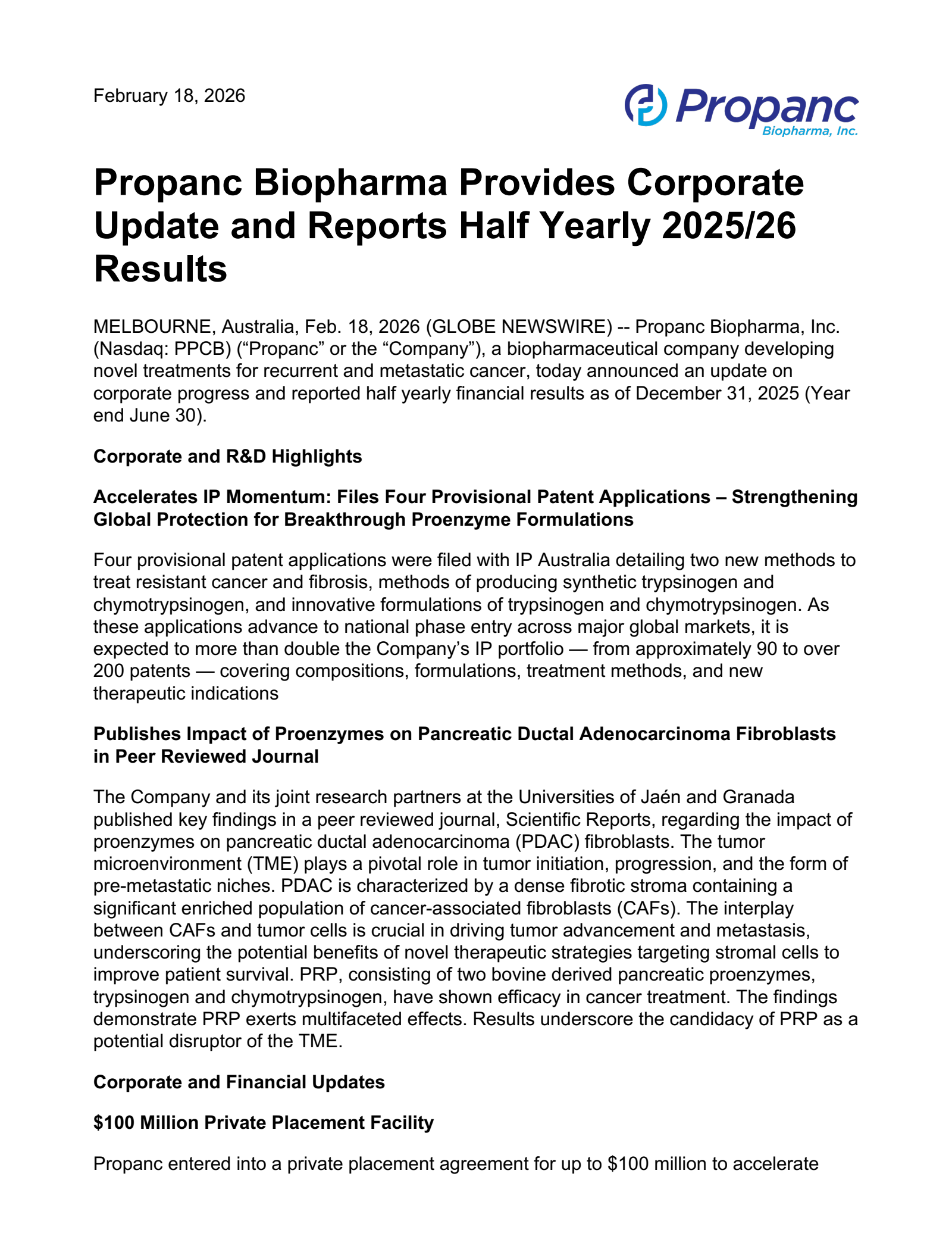 Propanc Biopharma's Q2 2026 Press Release