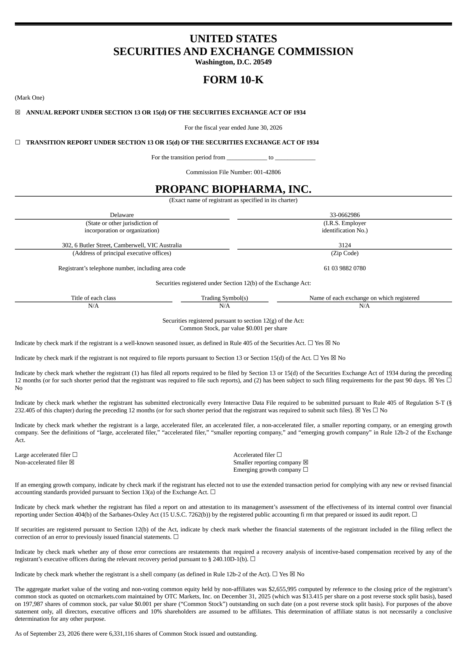 Propanc Biopharma's Q4 2026 Annual report