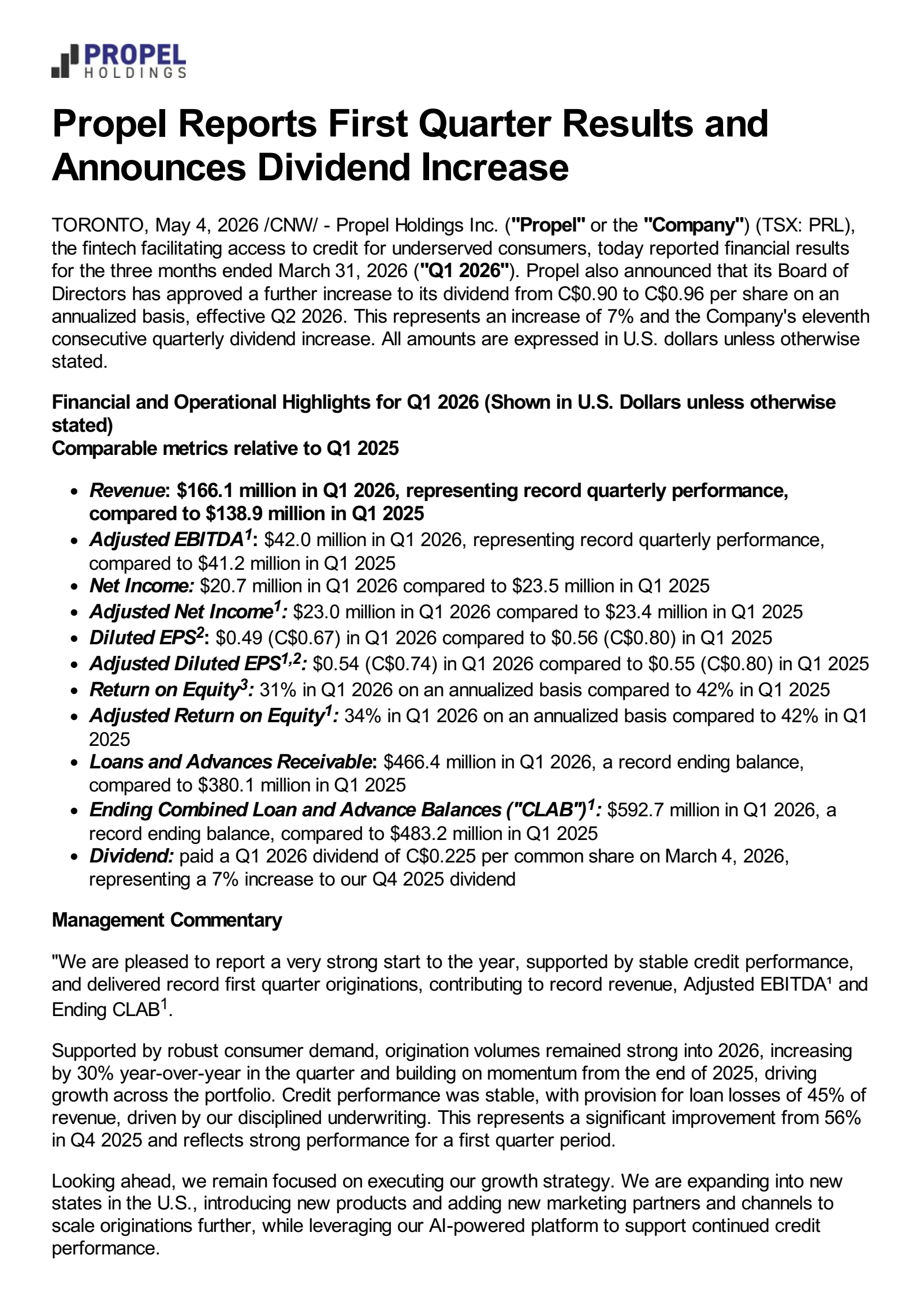 Propel's Q1 2026 Press Release