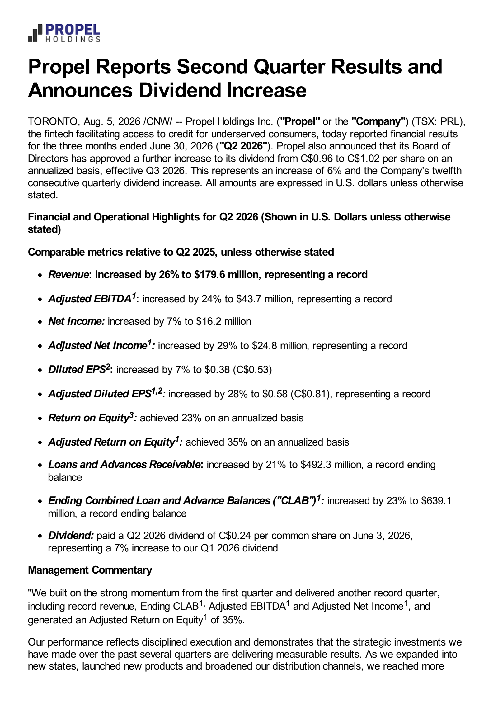 Propel's Q2 2026 Press Release