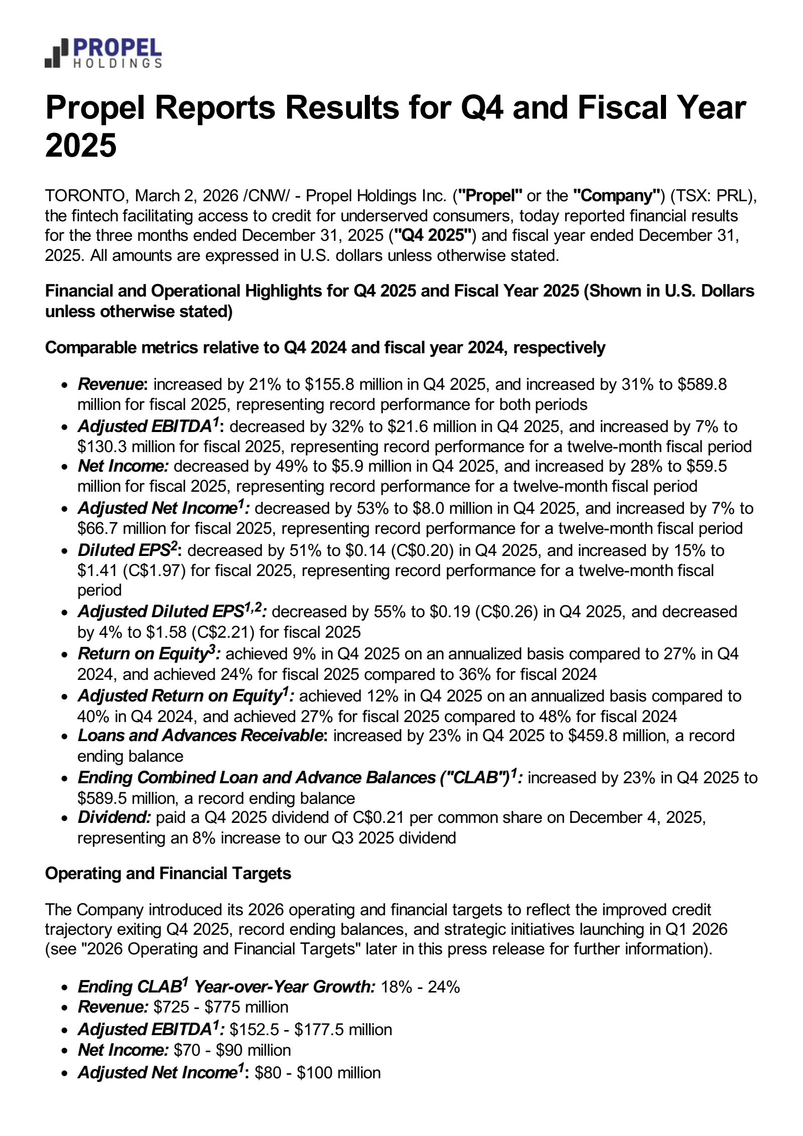 Propel's Q4 2025 Press Release