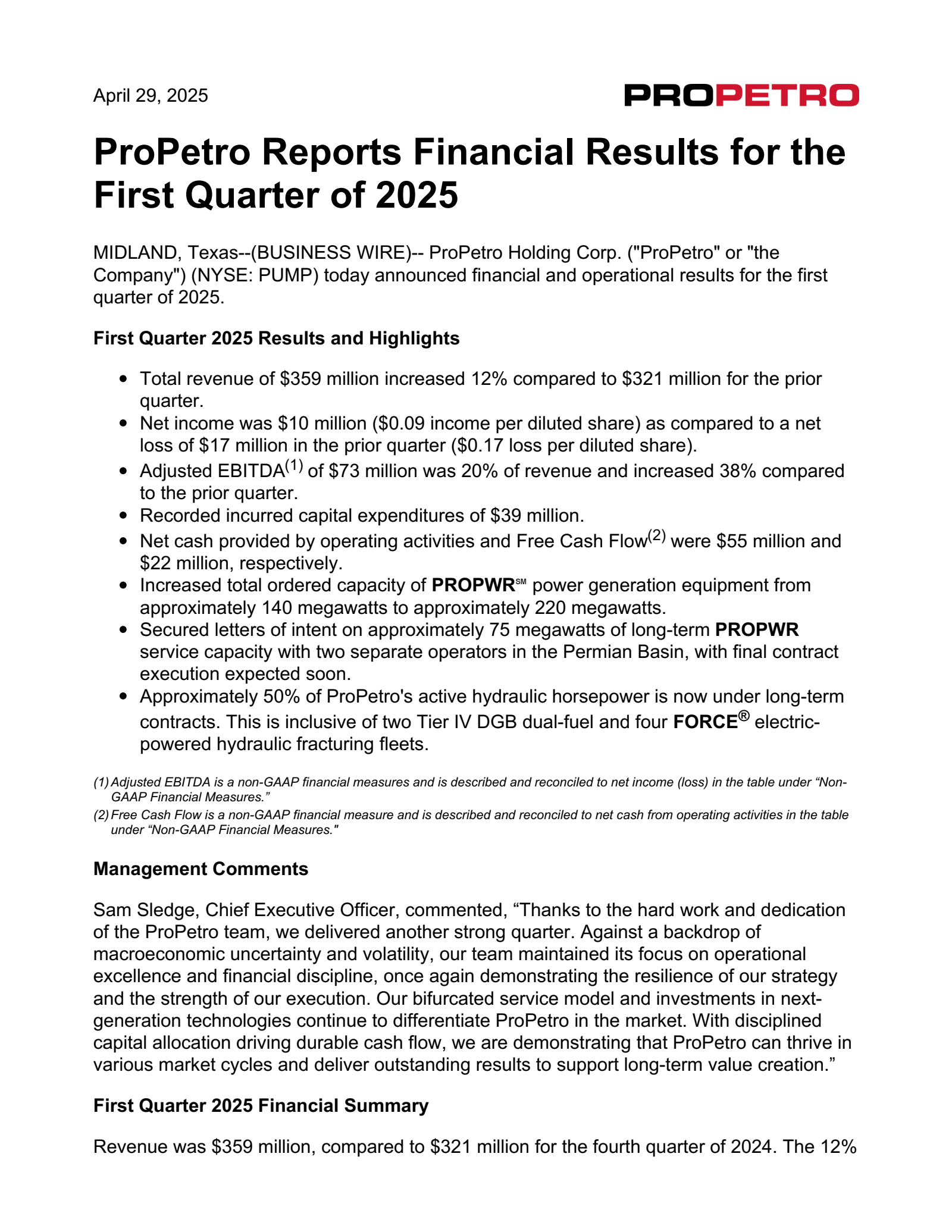 ProPetro's Q1 2025 Press Release