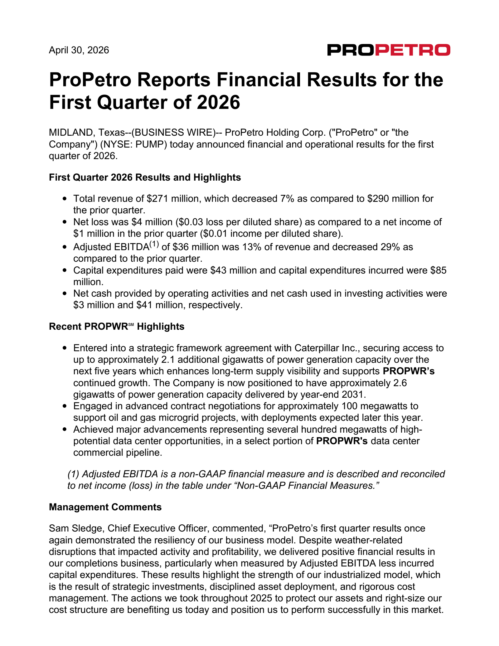 ProPetro's Q1 2026 Press Release