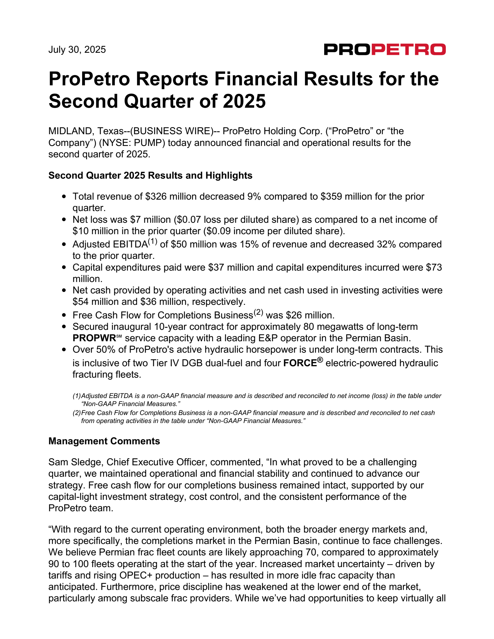 ProPetro's Q2 2025 Press Release