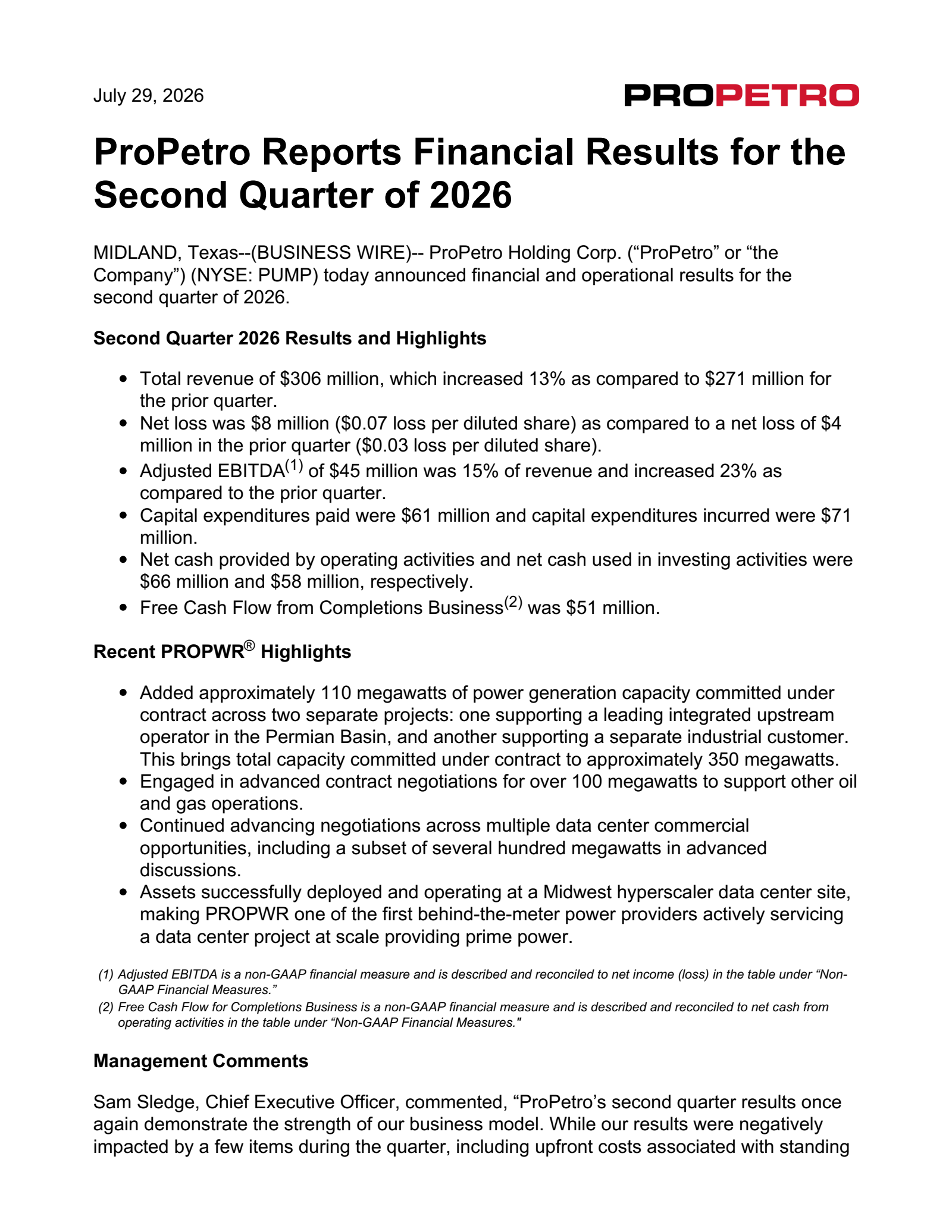 ProPetro's Q2 2026 Press Release