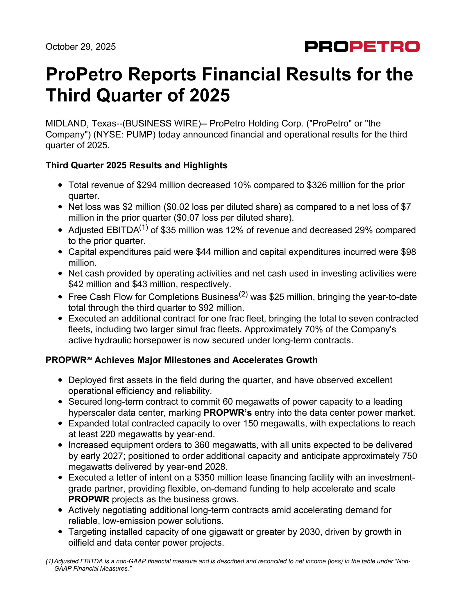 ProPetro's Q3 2025 Earnings Release