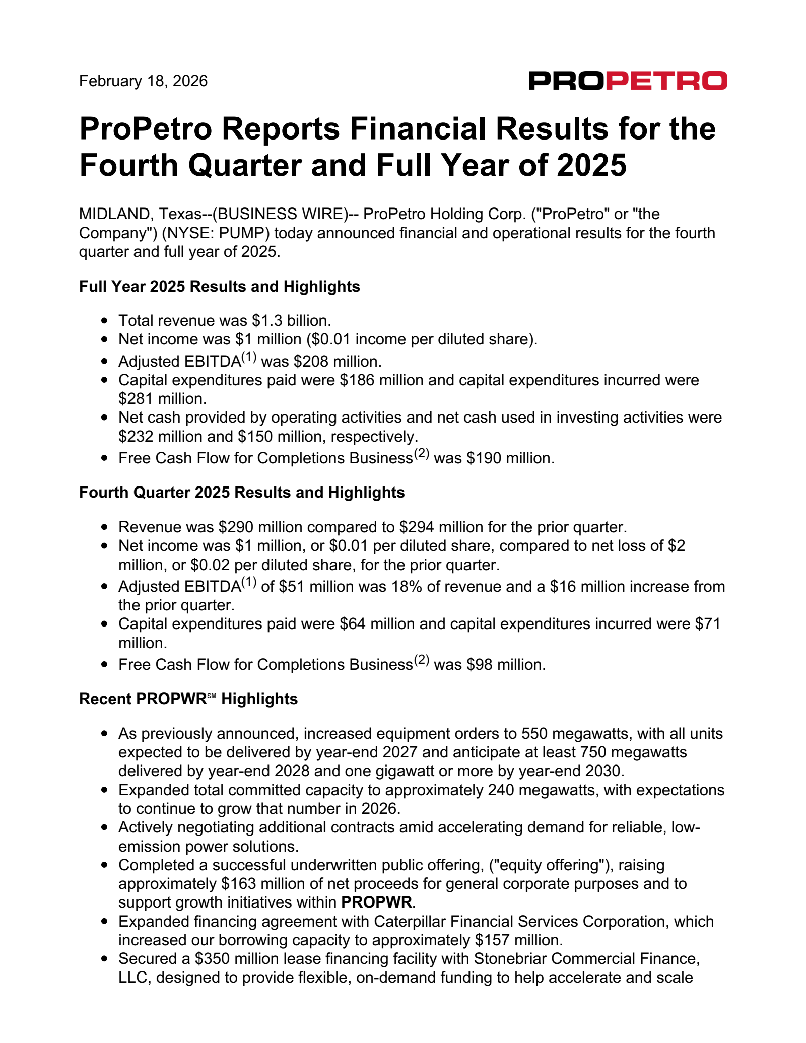 ProPetro's Q4 2025 Press Release