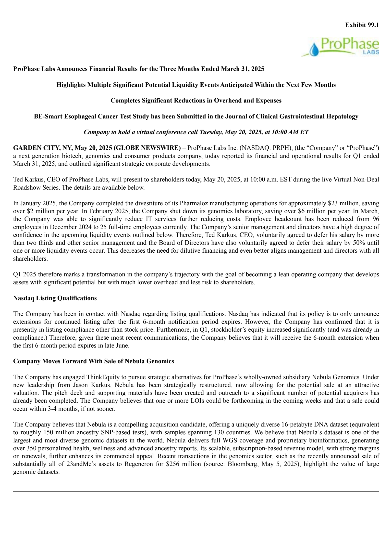 ProPhase Labs' Q1 2025 Press Release