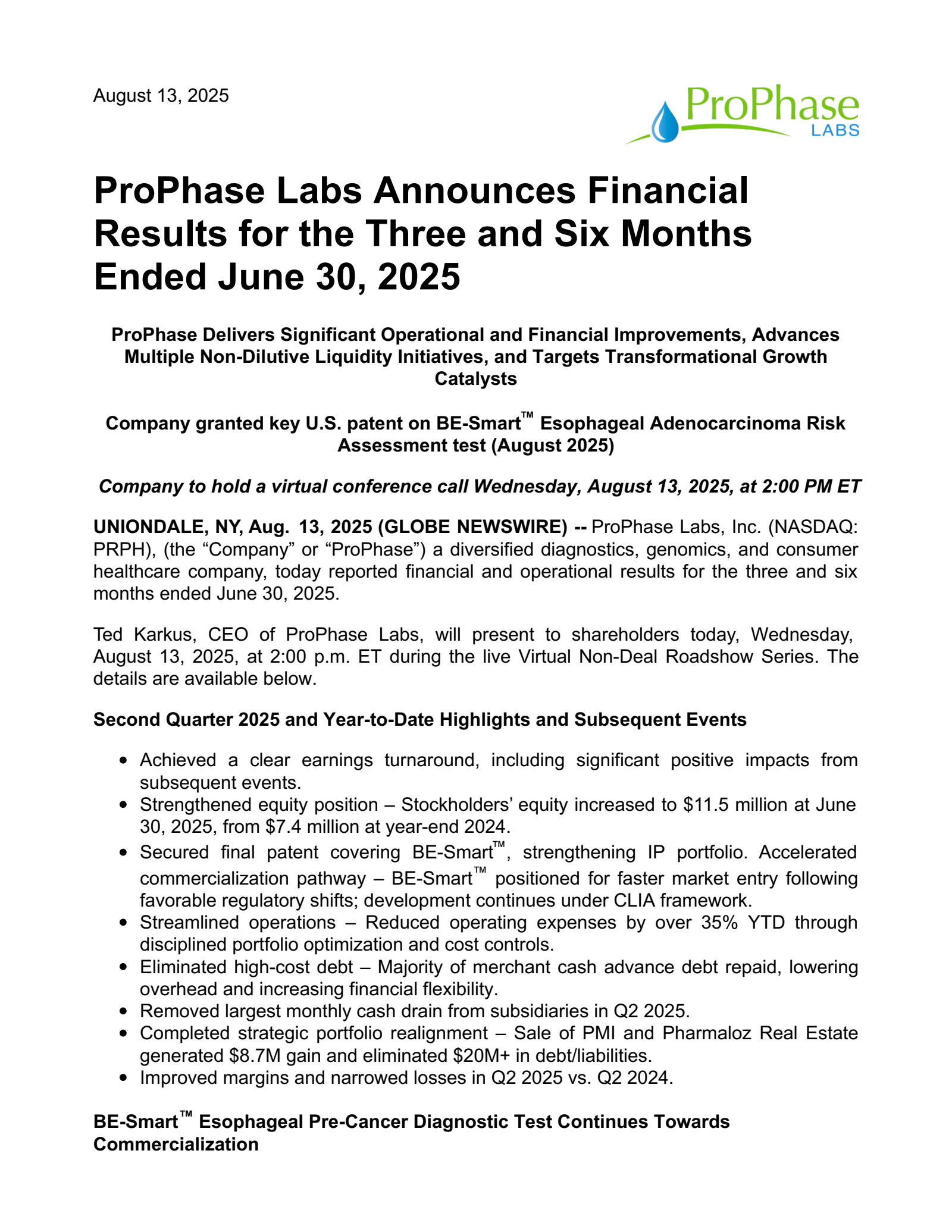 ProPhase Labs' Q2 2025 Press Release