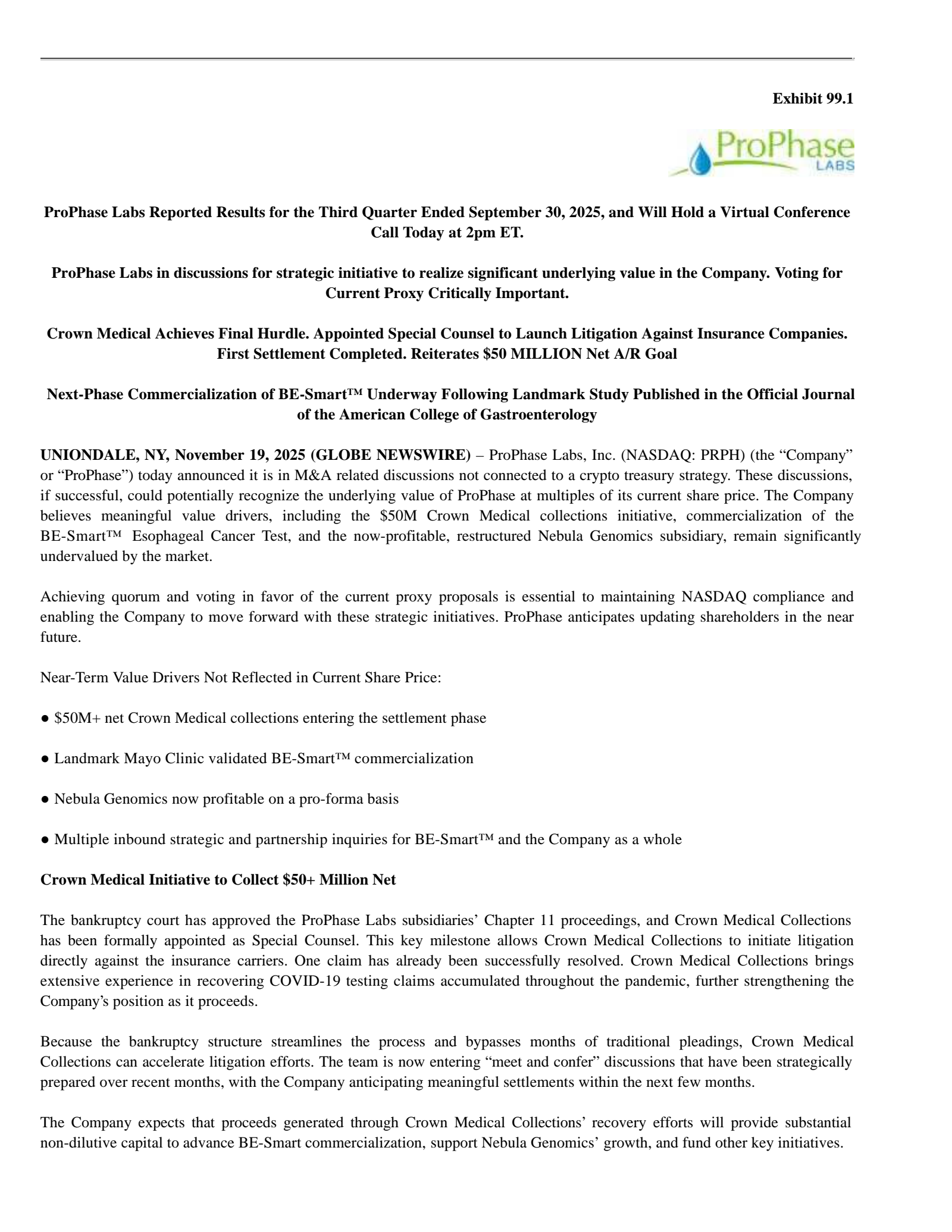 ProPhase Labs' Q3 2025 Earnings Release