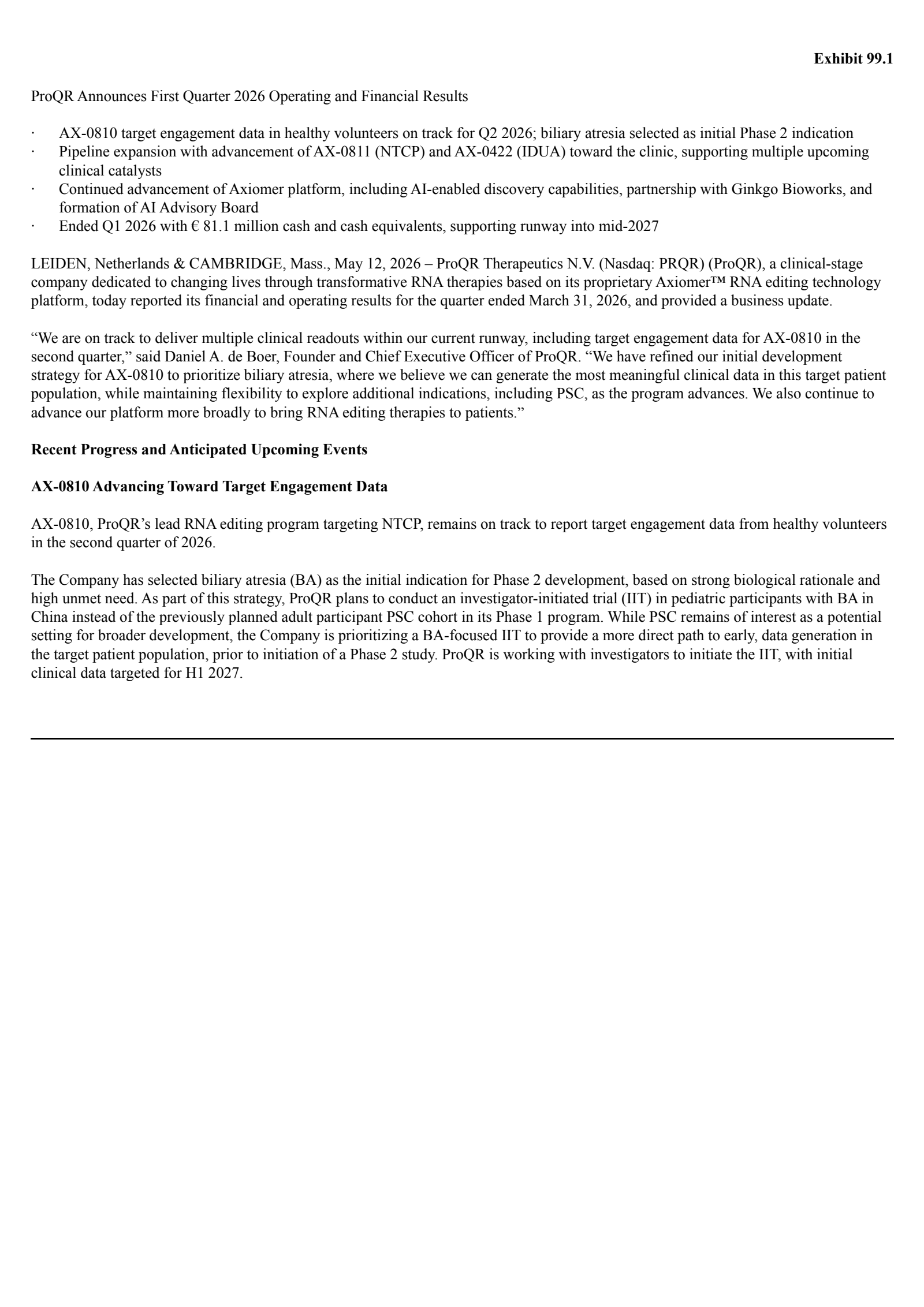 ProQR Therapeutics' Q1 2026 Press Release