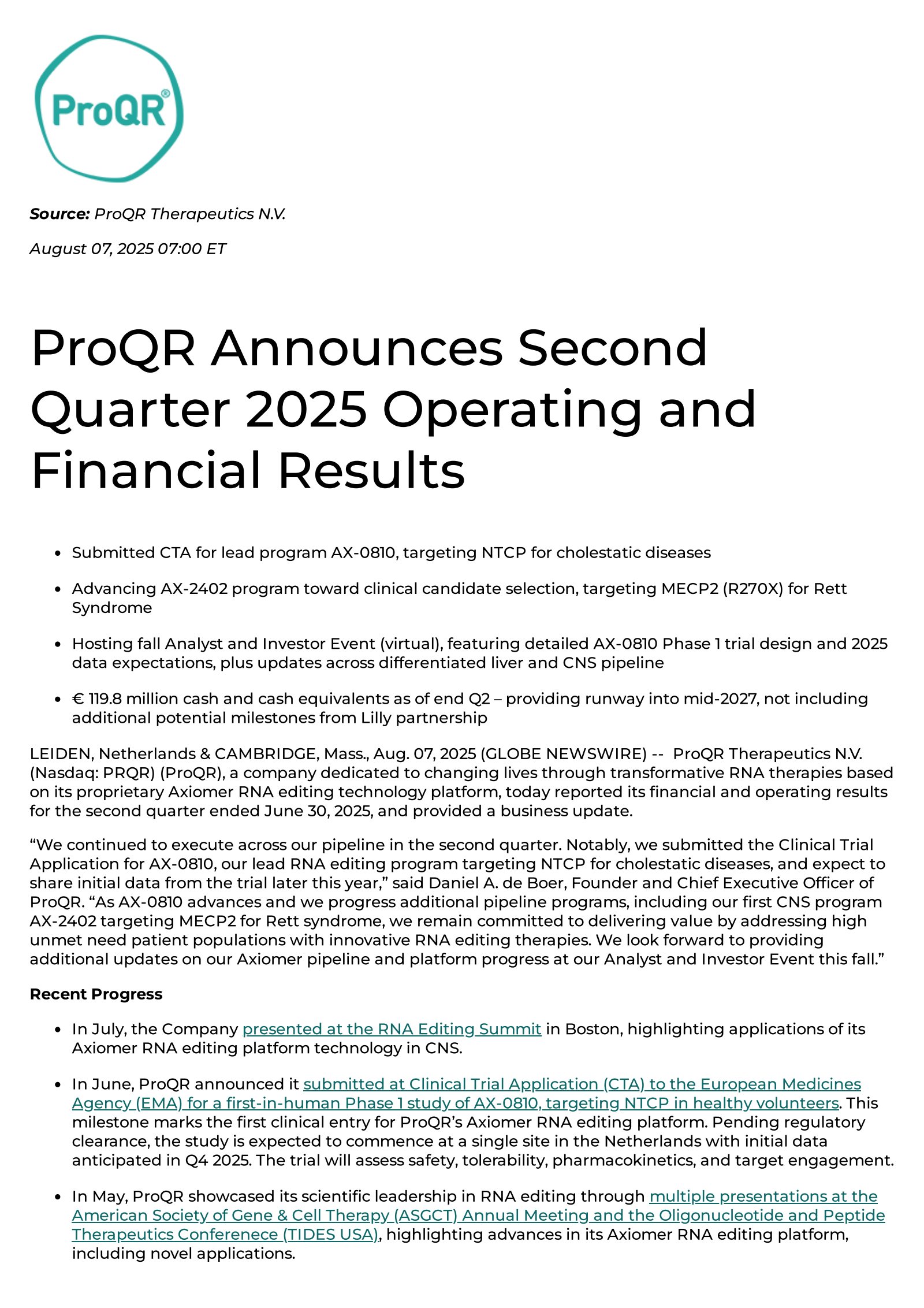 ProQR Therapeutics' Q2 2025 Press Release