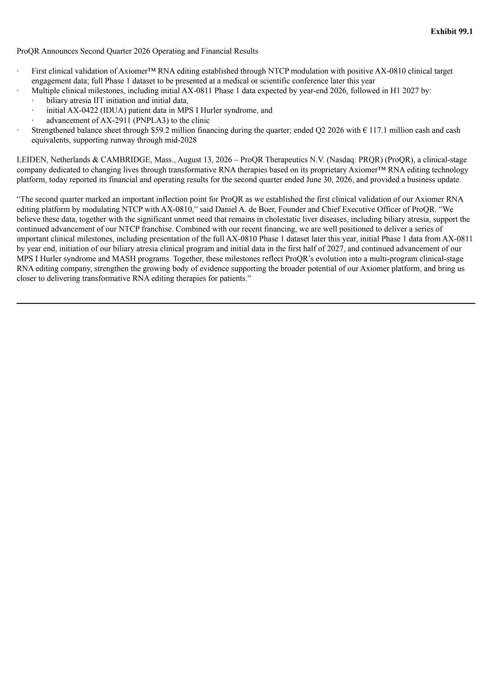 ProQR Therapeutics' Q2 2026 Press Release