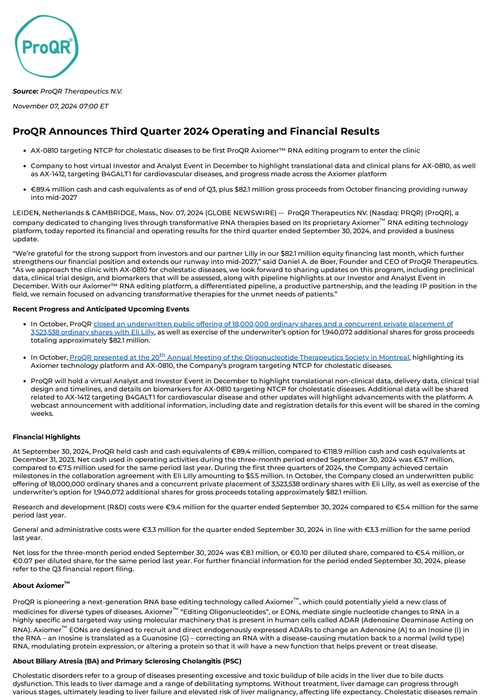 ProQR Therapeutics' Q3 2024 Press Release