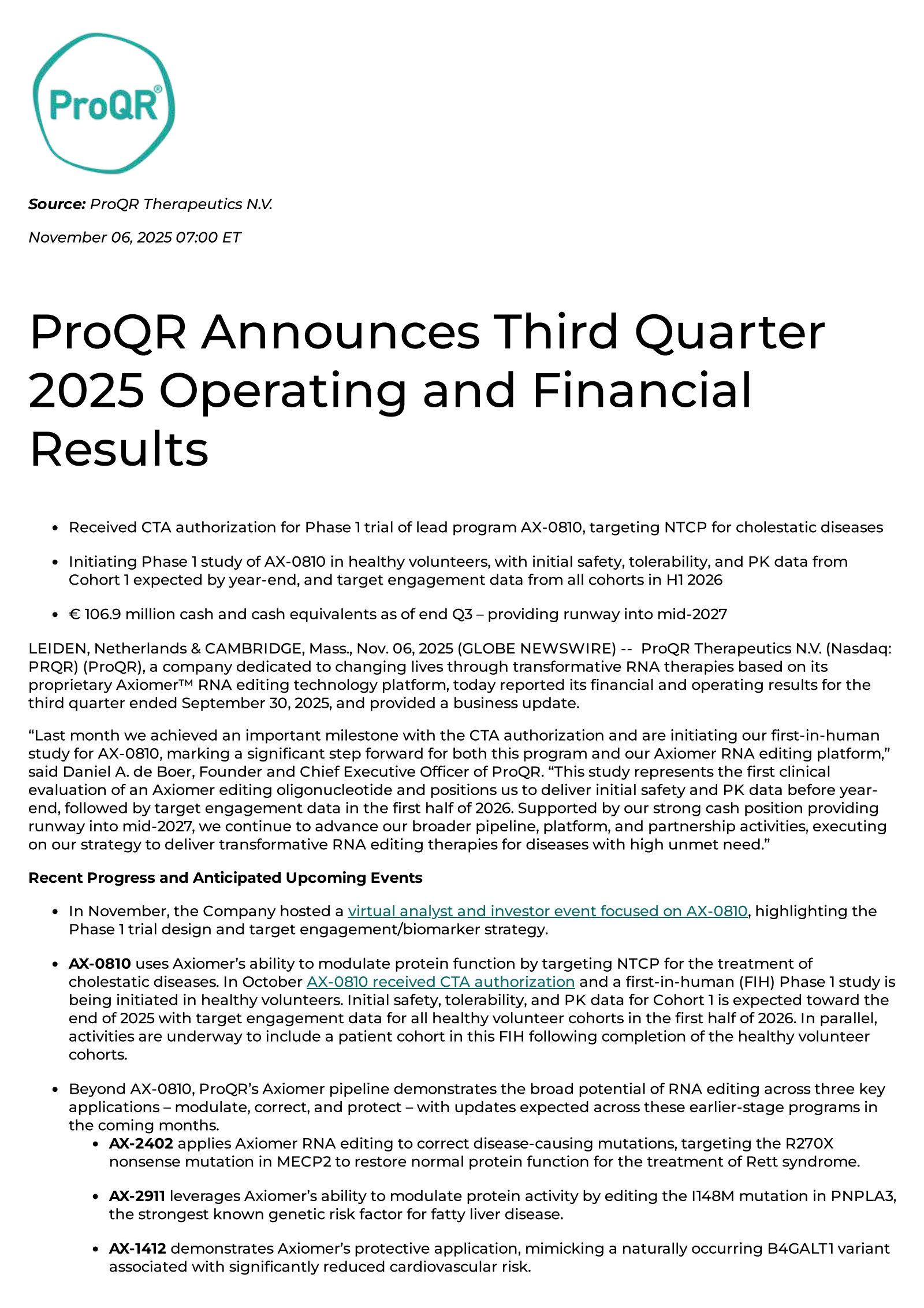 ProQR Therapeutics' Q3 2025 Earnings Release