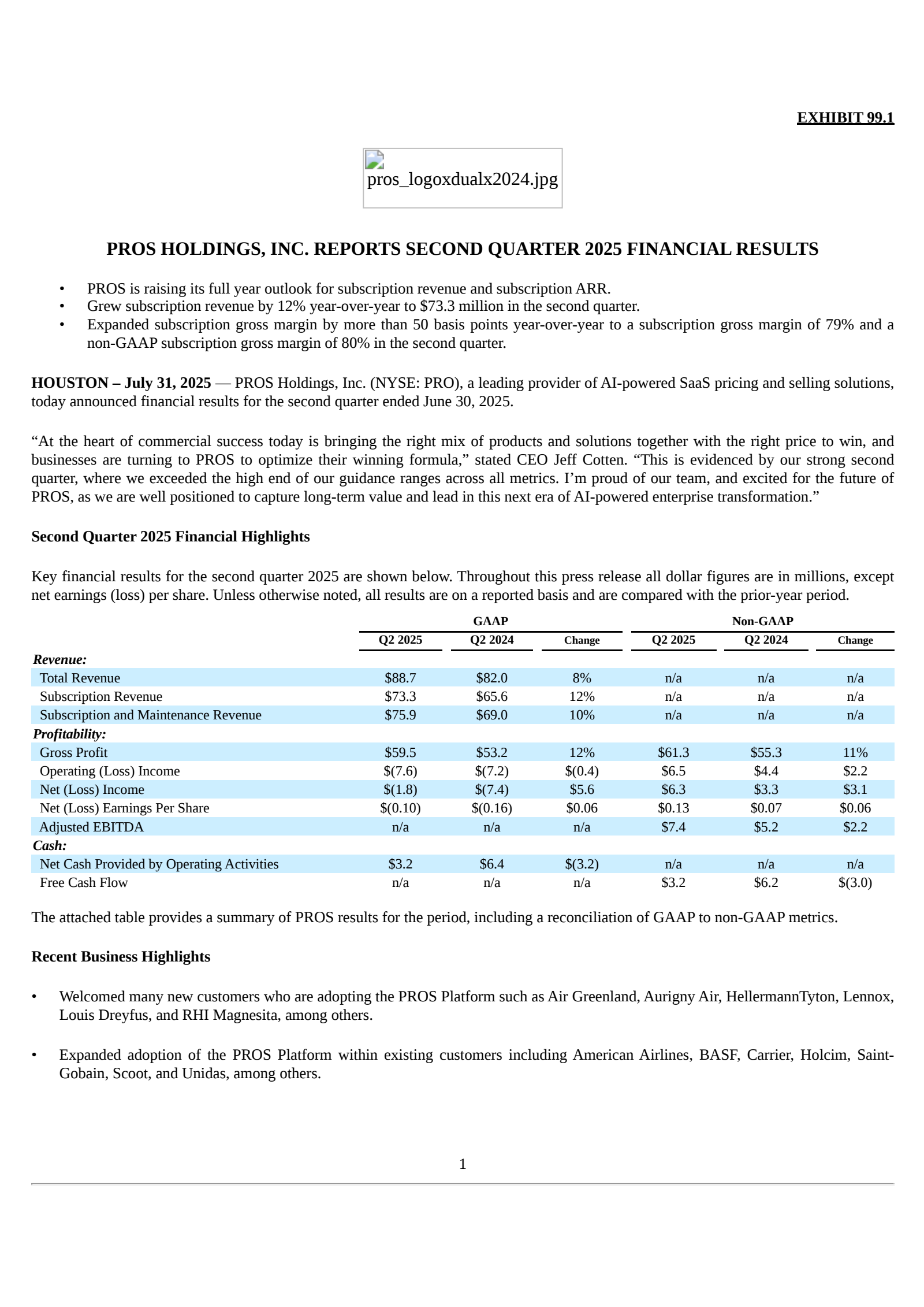 PROS's Q2 2025 Press Release