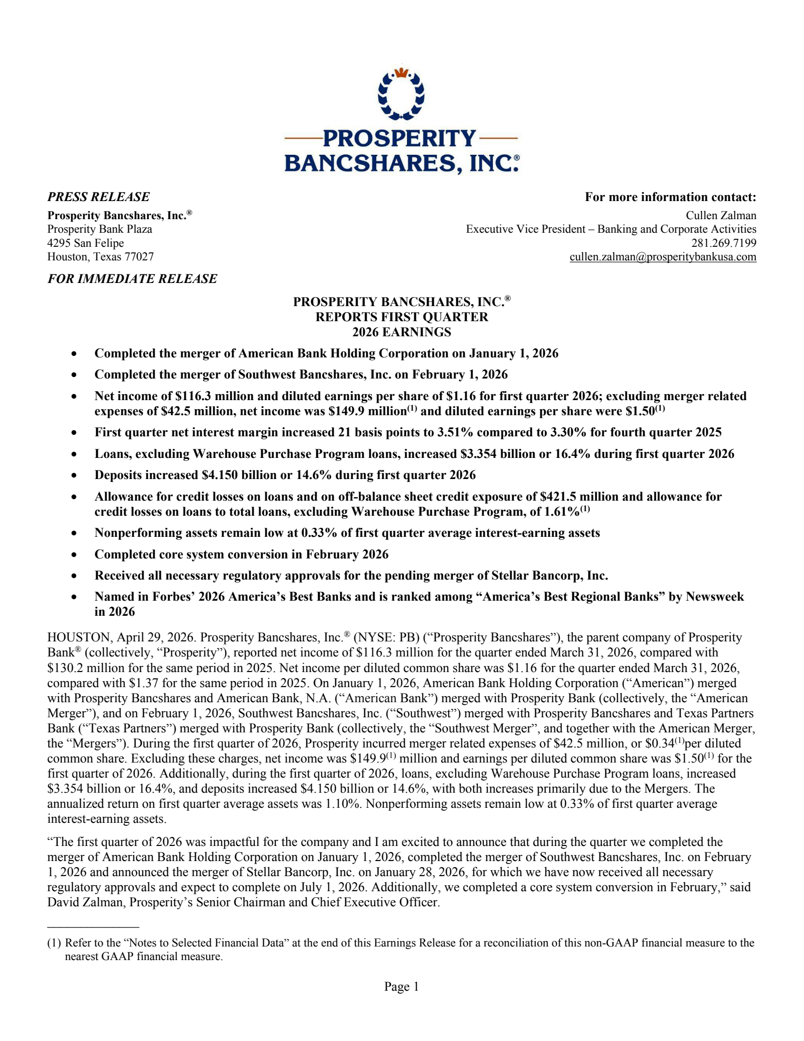 Prosperity Bancshares' Q1 2026 Press Release