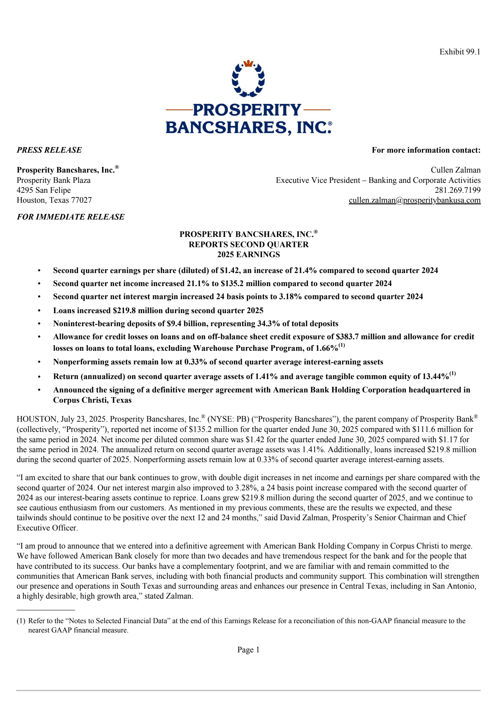 Prosperity Bancshares' Q2 2025 Press Release