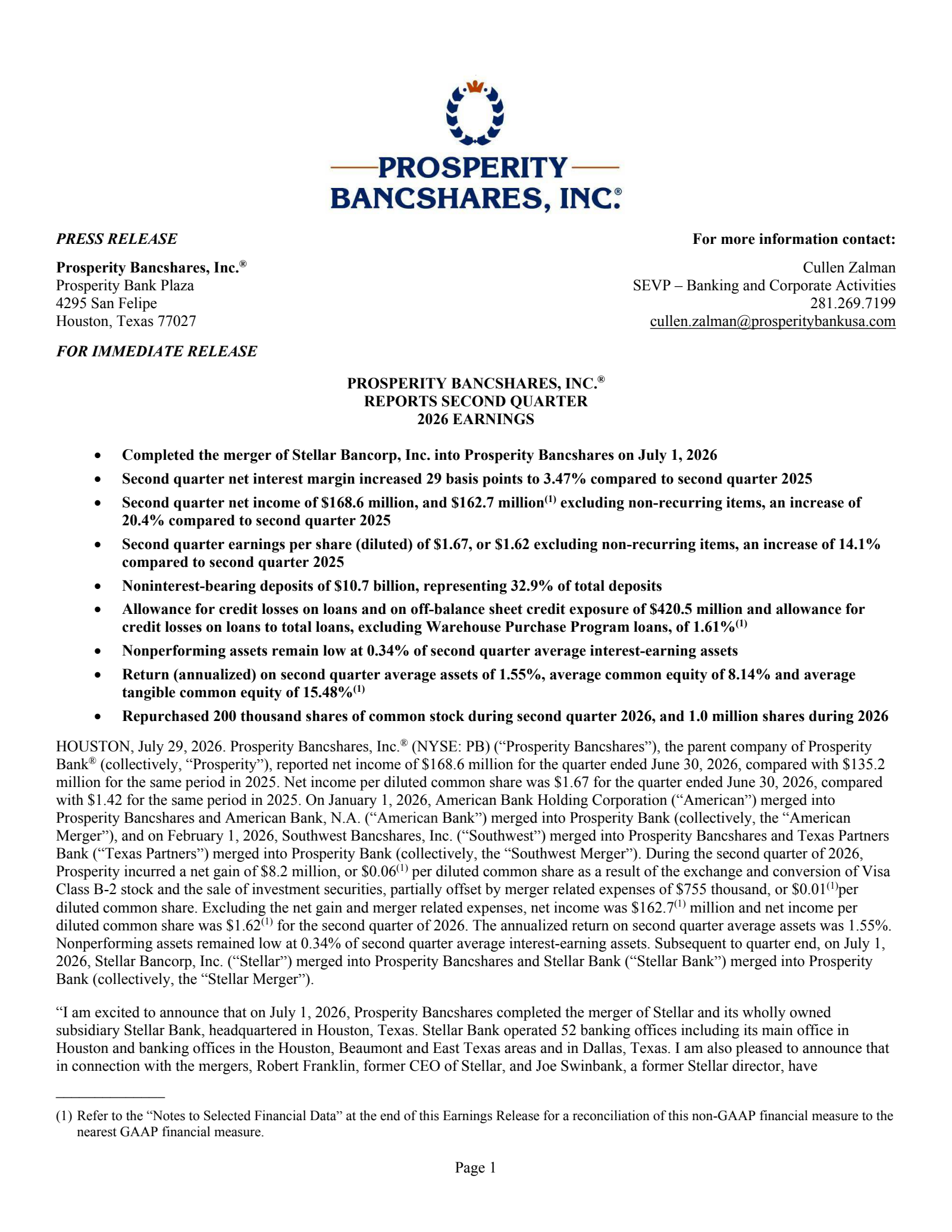 Prosperity Bancshares' Q2 2026 Press Release