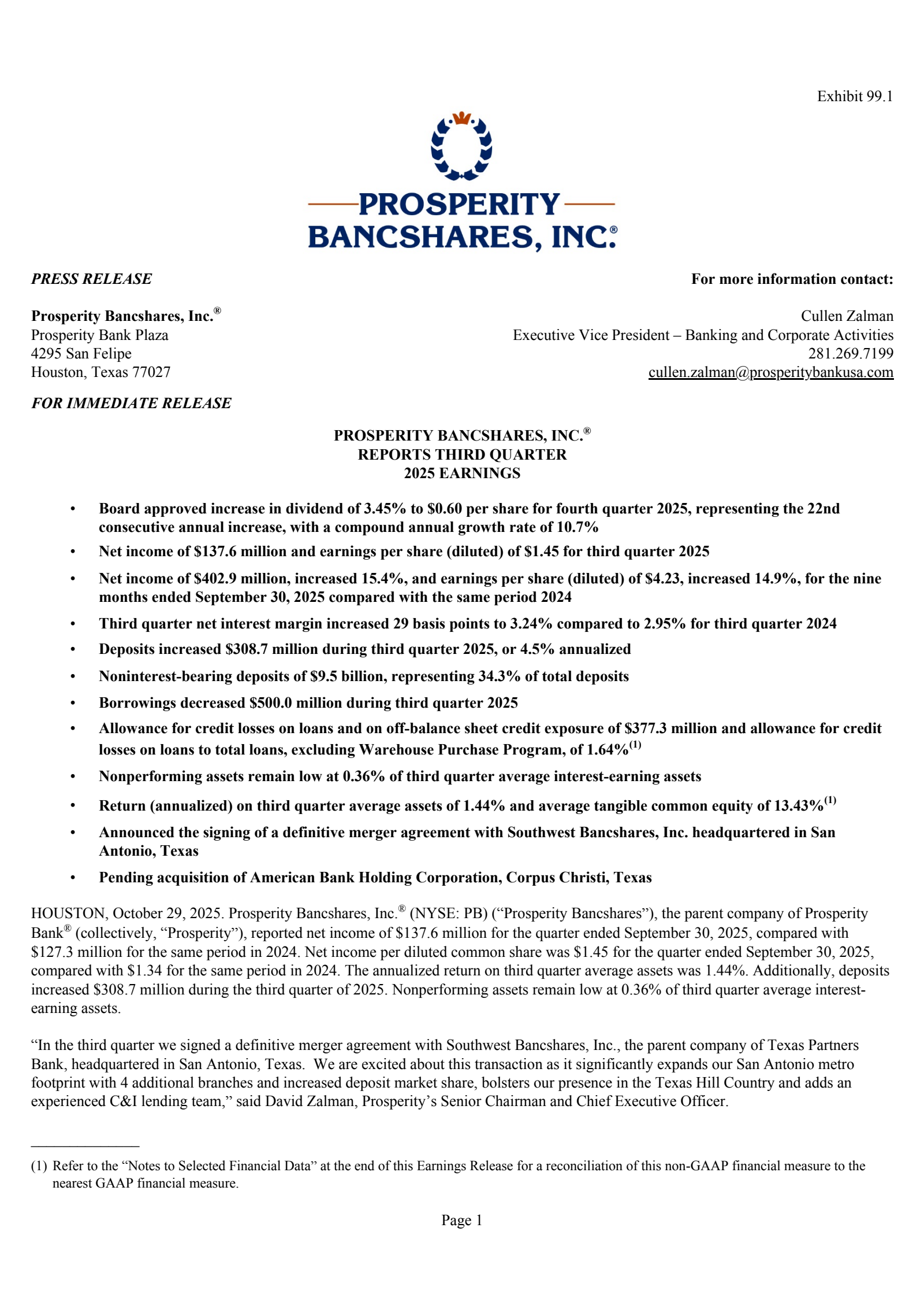 Prosperity Bancshares' Q3 2025 Earnings Release